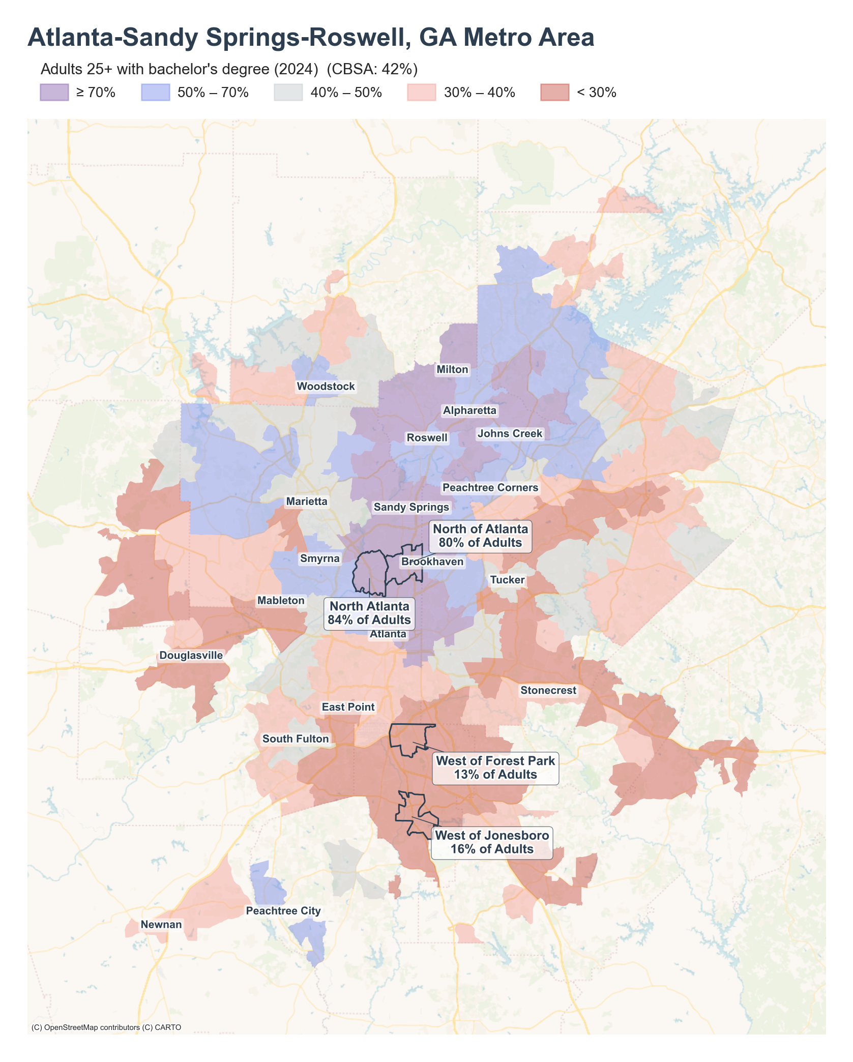 Adults 25+ with bachelor's degree (2024) by neighborhood across the Atlanta metro