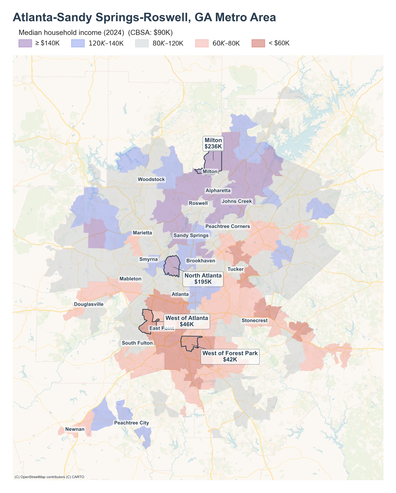 Median household income (2024) by neighborhood across the Atlanta metro