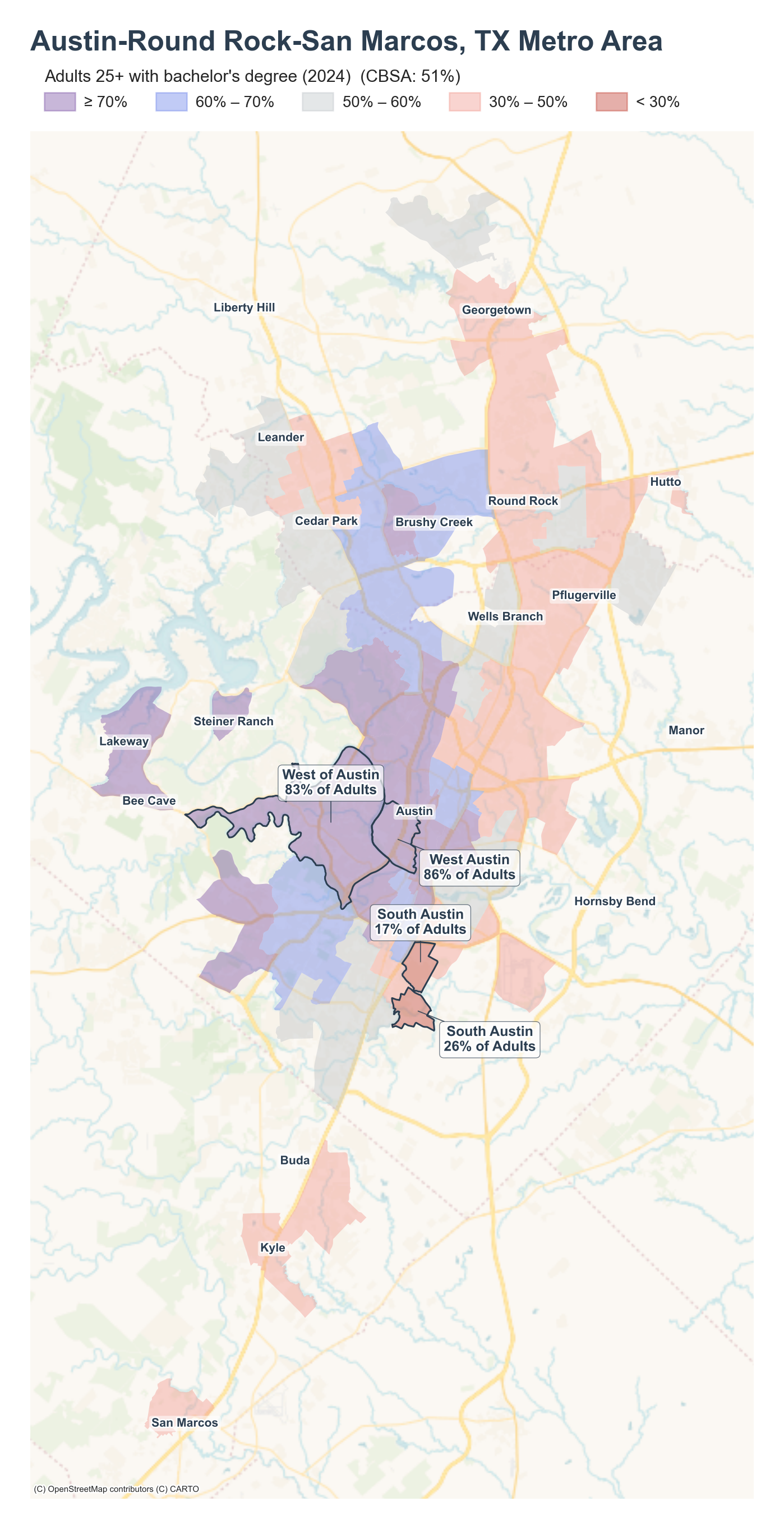 Adults 25+ with bachelor's degree (2024) by neighborhood across the Austin metro
