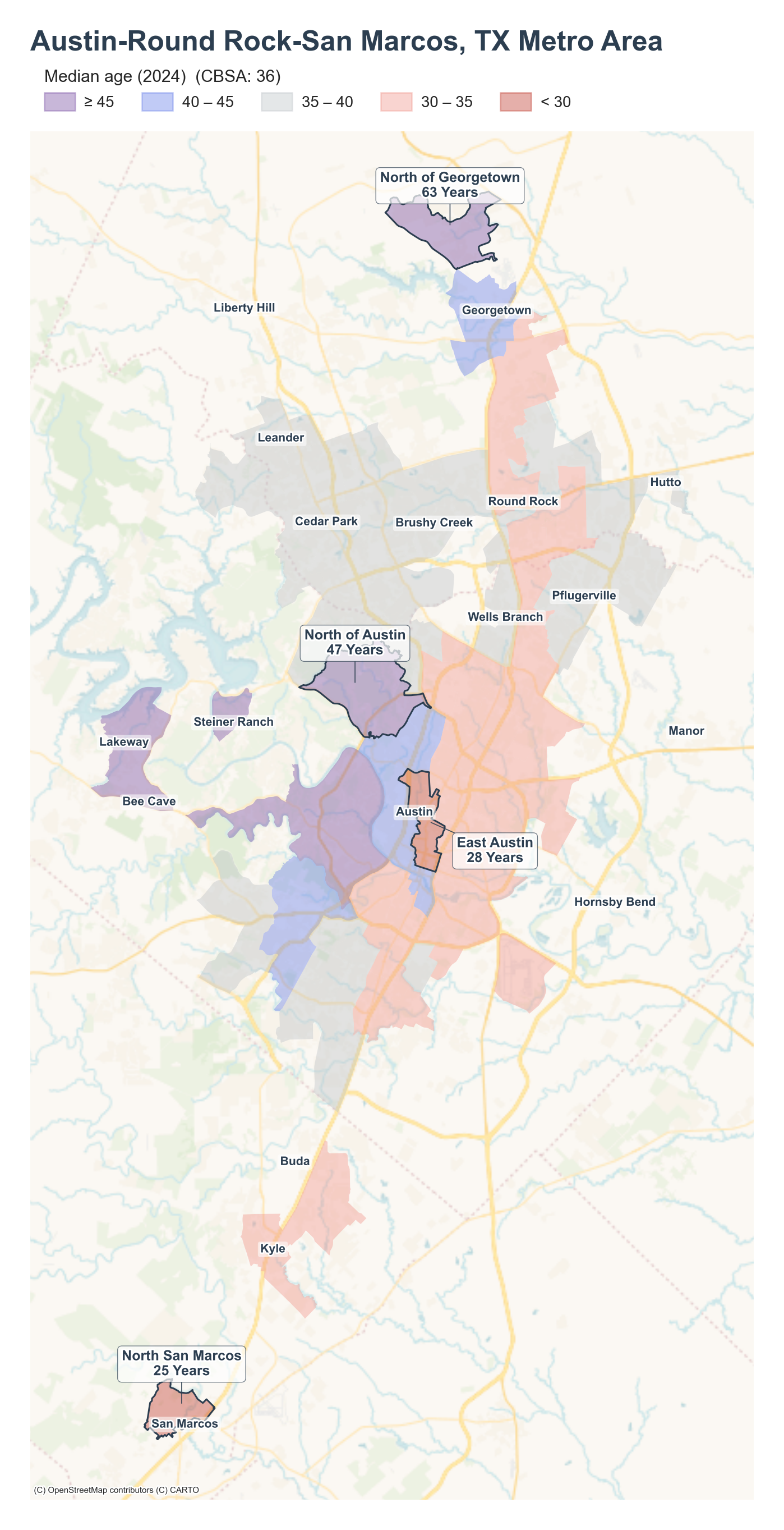 Median age (2024) by neighborhood across the Austin metro