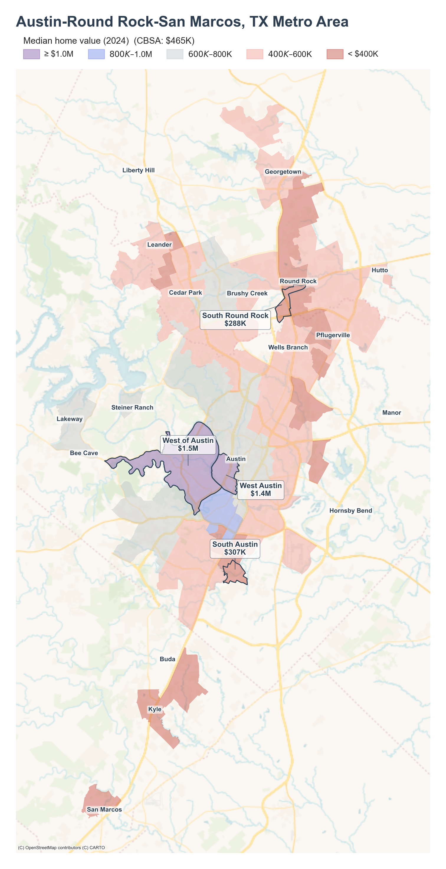 Median home value (2024) by neighborhood across the Austin metro