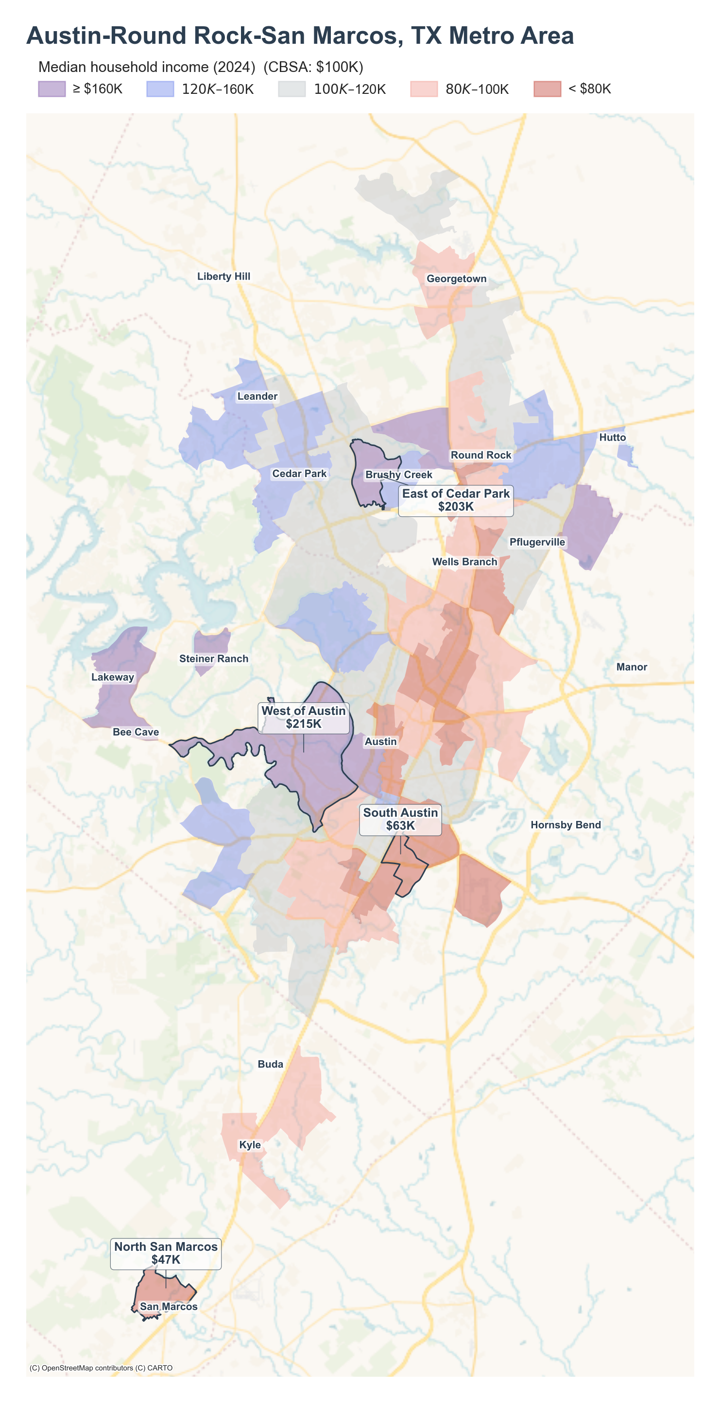 Median household income (2024) by neighborhood across the Austin metro