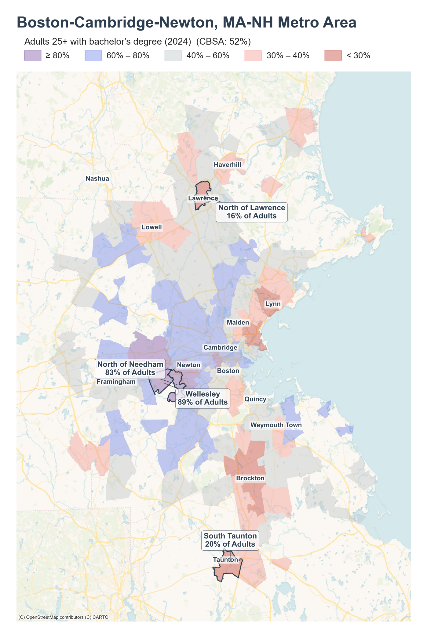 Adults 25+ with bachelor's degree (2024) by neighborhood across the Boston metro