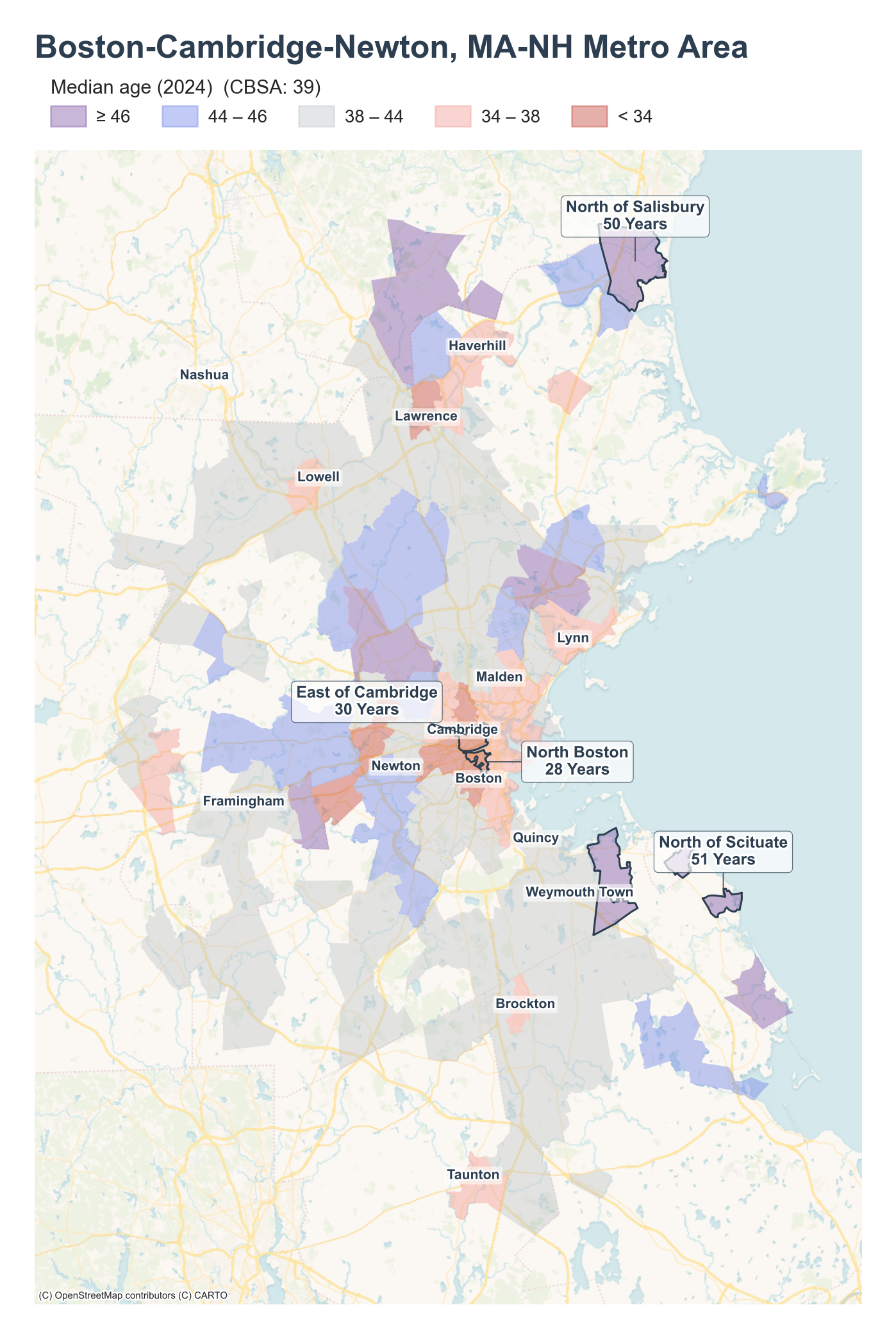 Median age (2024) by neighborhood across the Boston metro