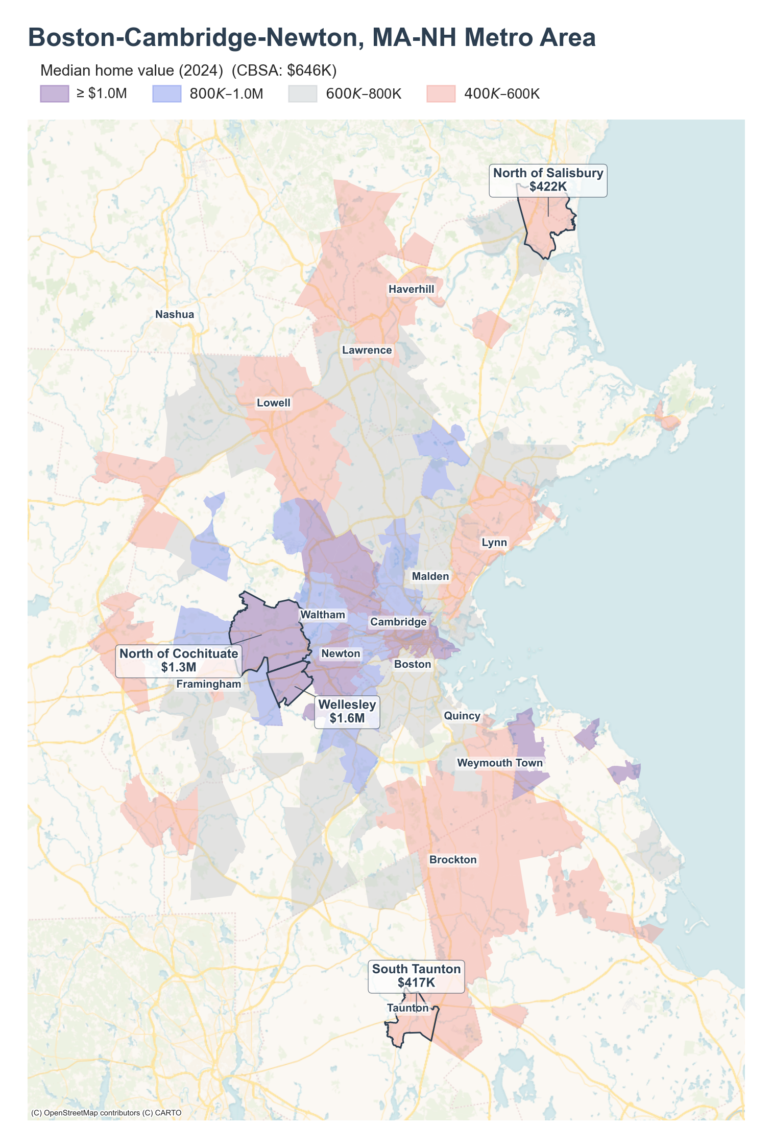 Median home value (2024) by neighborhood across the Boston metro