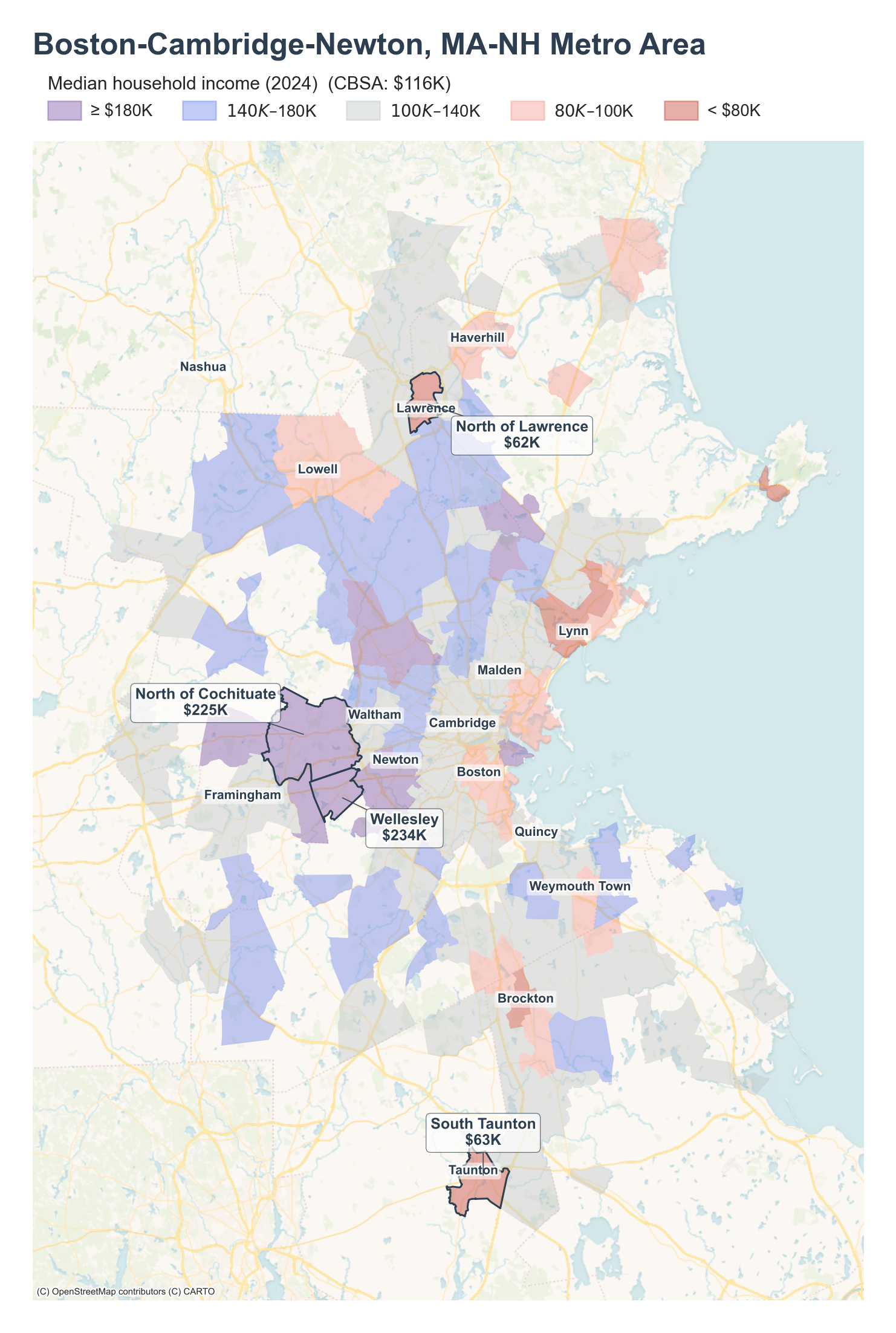 Median household income (2024) by neighborhood across the Boston metro