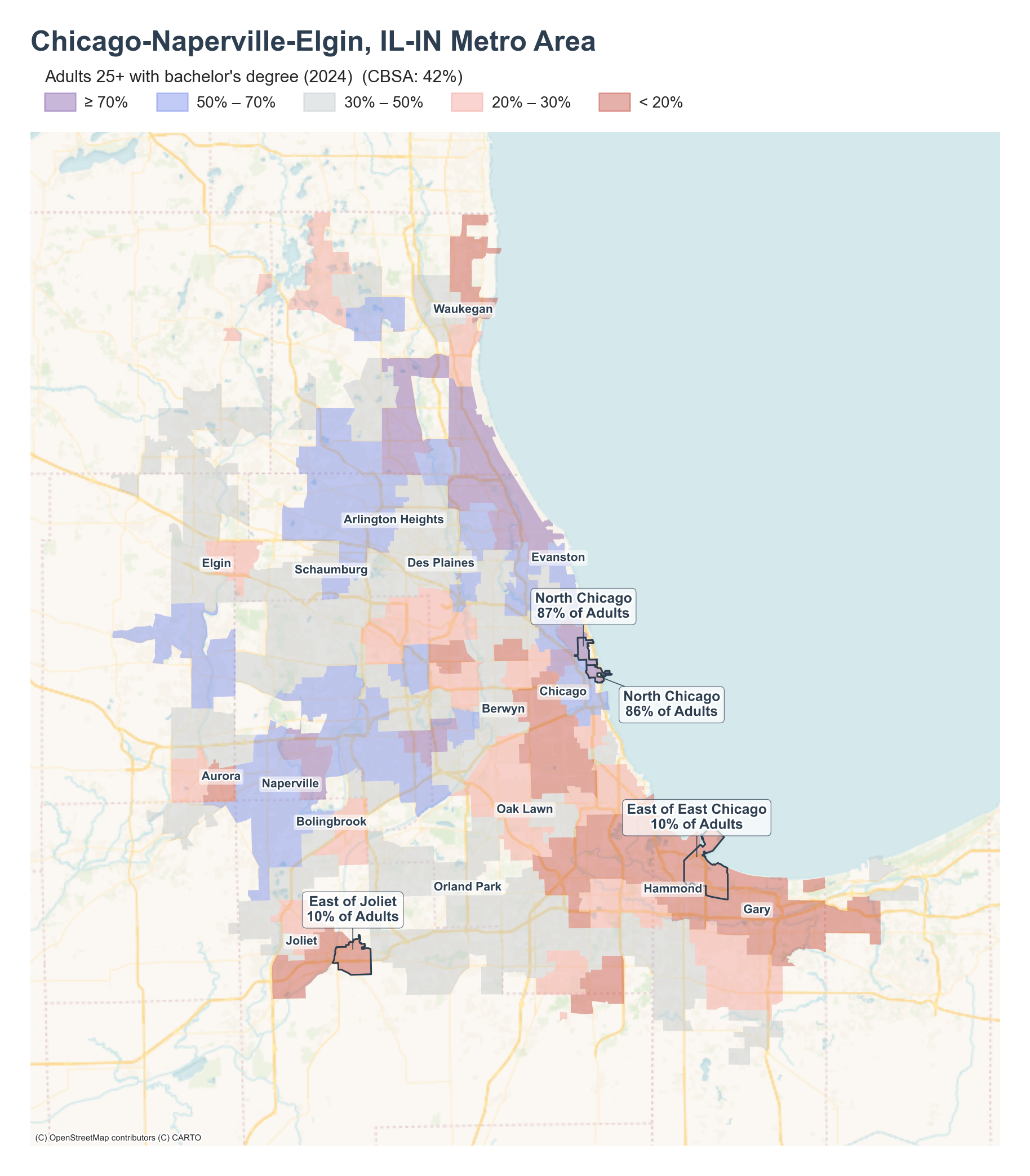 Adults 25+ with a bachelor's degree (2024) by neighborhood across the Chicago–Naperville–Elgin metro