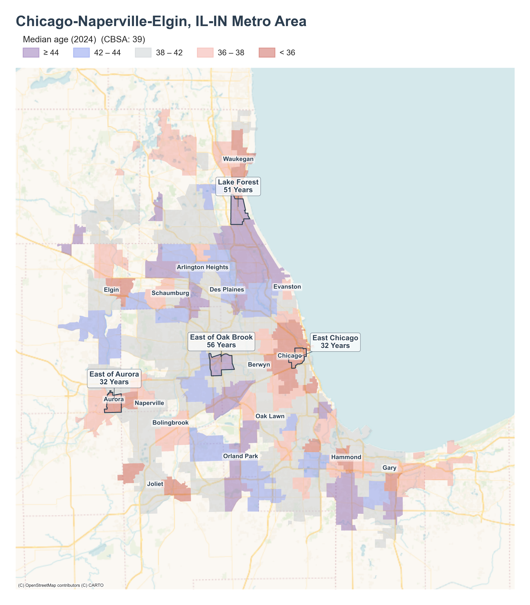 Median age (2024) by neighborhood across the Chicago–Naperville–Elgin metro