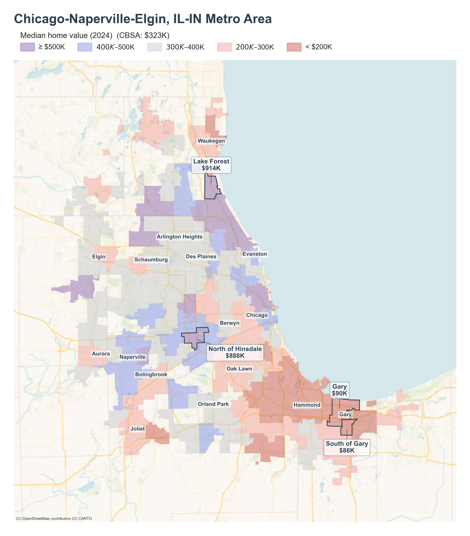 Median home value (2024) by neighborhood across the Chicago–Naperville–Elgin metro