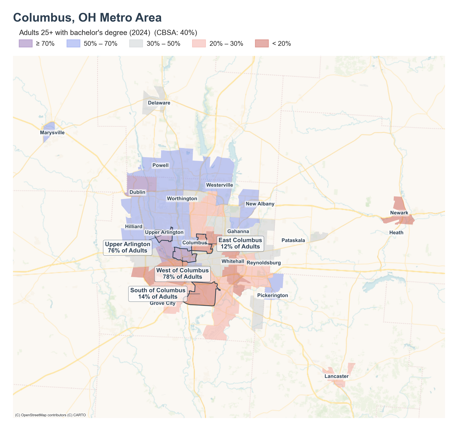 Adults 25+ with a bachelor's degree (2024) by neighborhood across the Columbus, OH metro