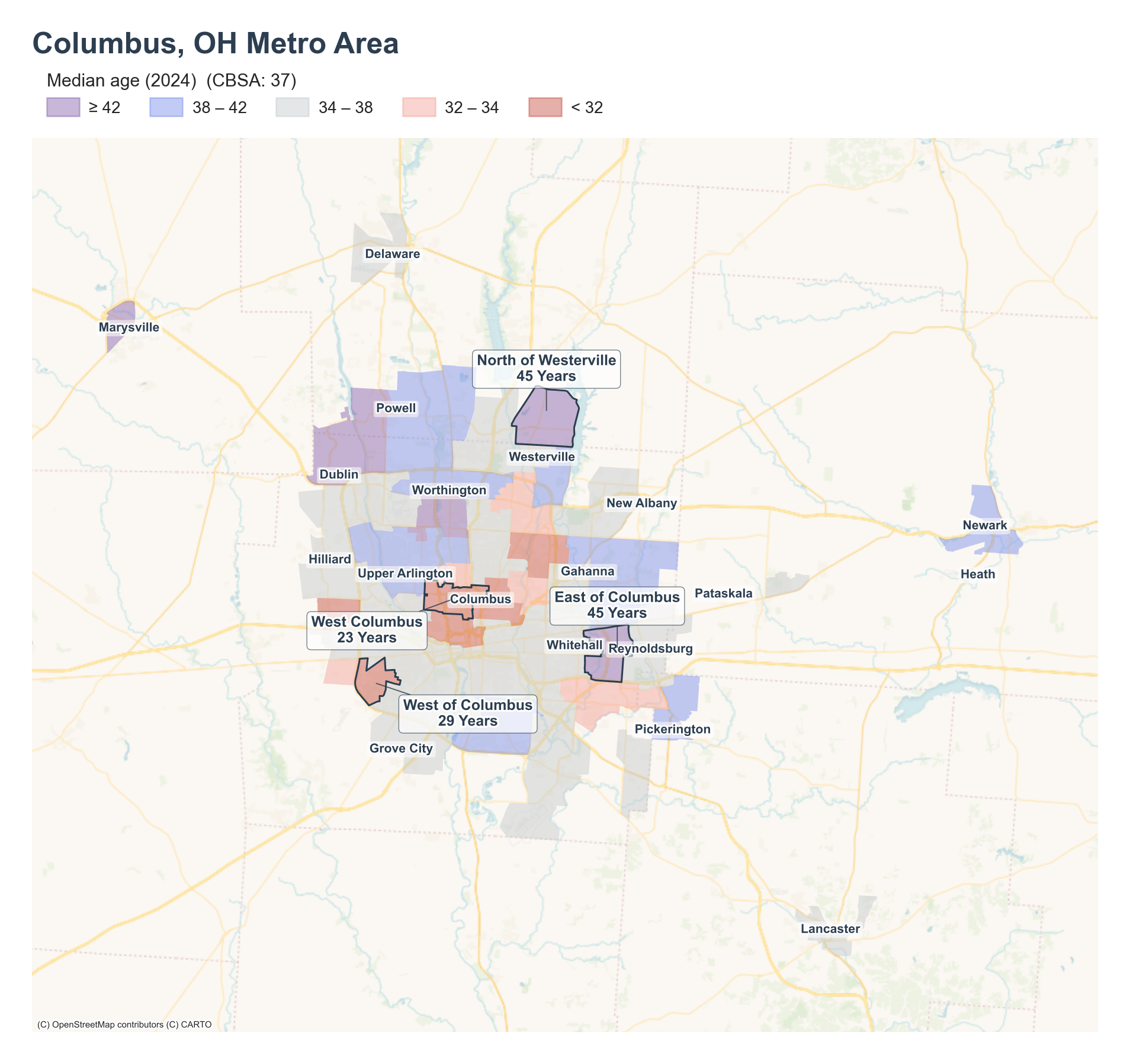Median age (2024) by neighborhood across the Columbus, OH metro