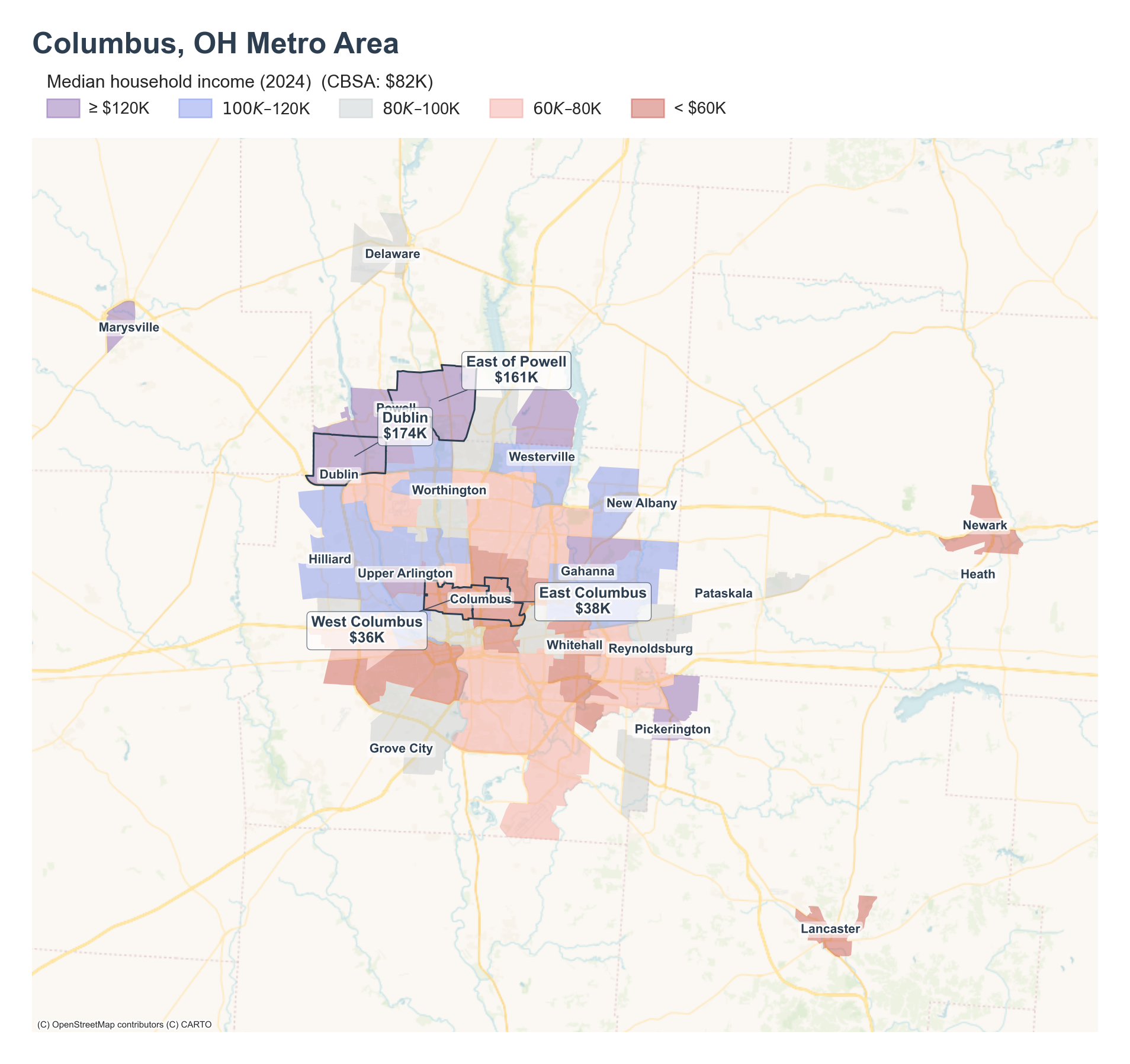 Median household income (2024) by neighborhood across the Columbus, OH metro