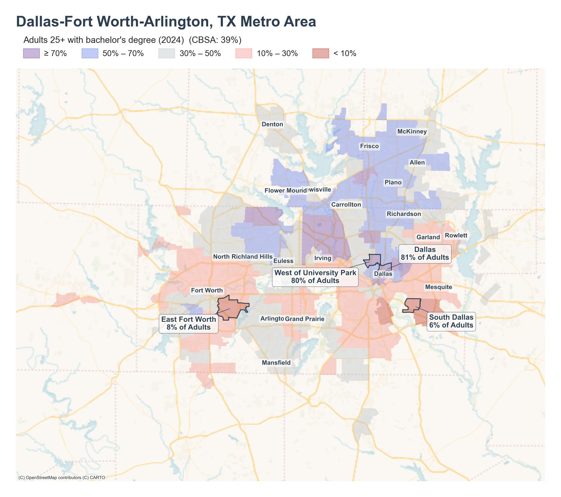 Adults 25+ with bachelor's degree (2024) by neighborhood across the Dallas–Fort Worth metro