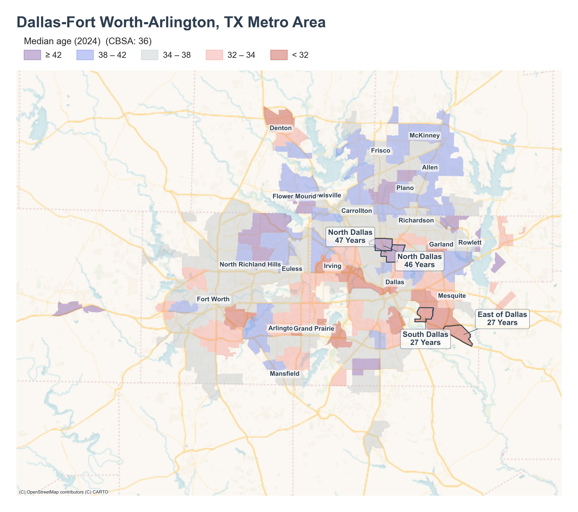 Median age (2024) by neighborhood across the Dallas–Fort Worth metro