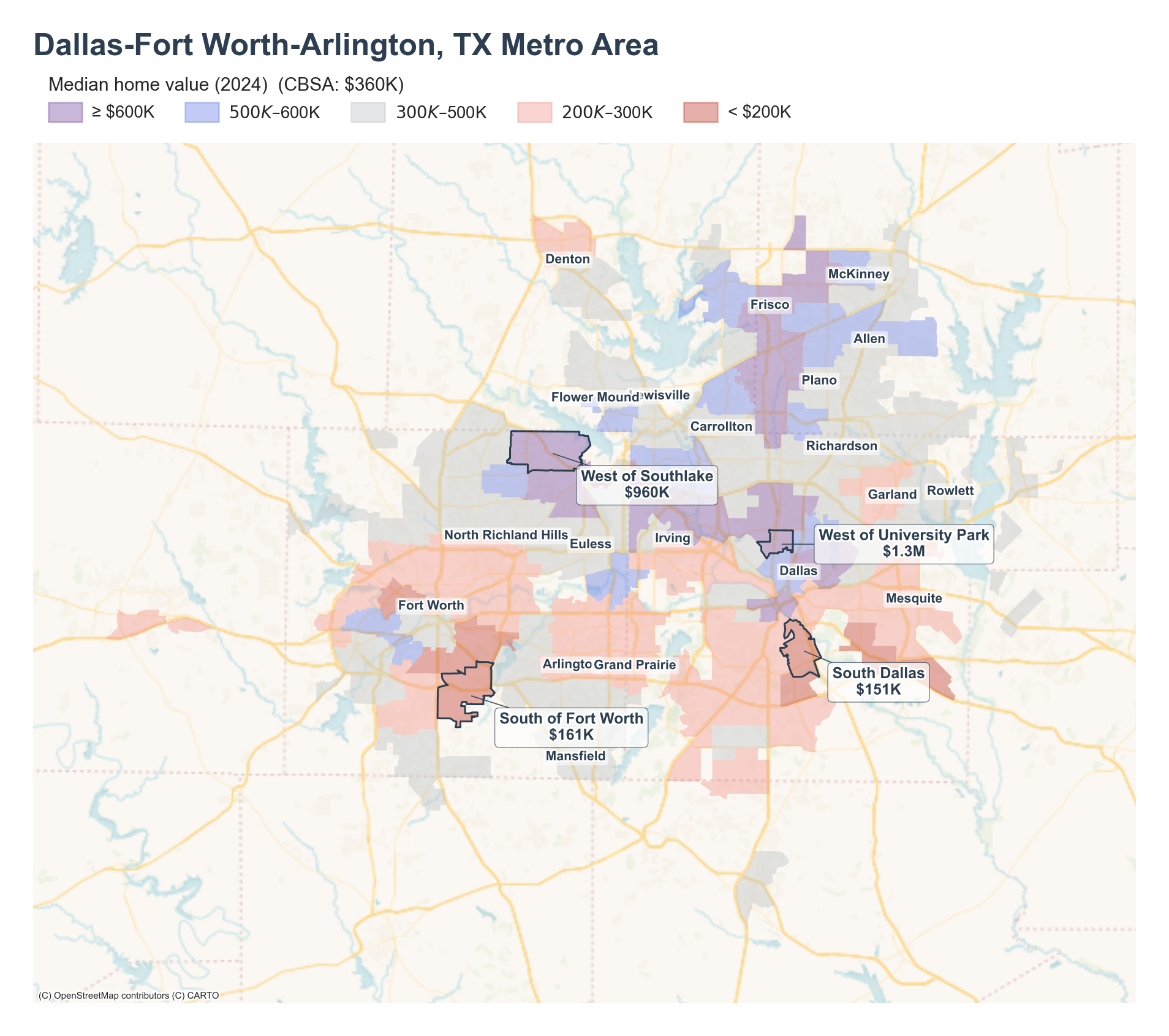 Median home value (2024) by neighborhood across the Dallas–Fort Worth metro
