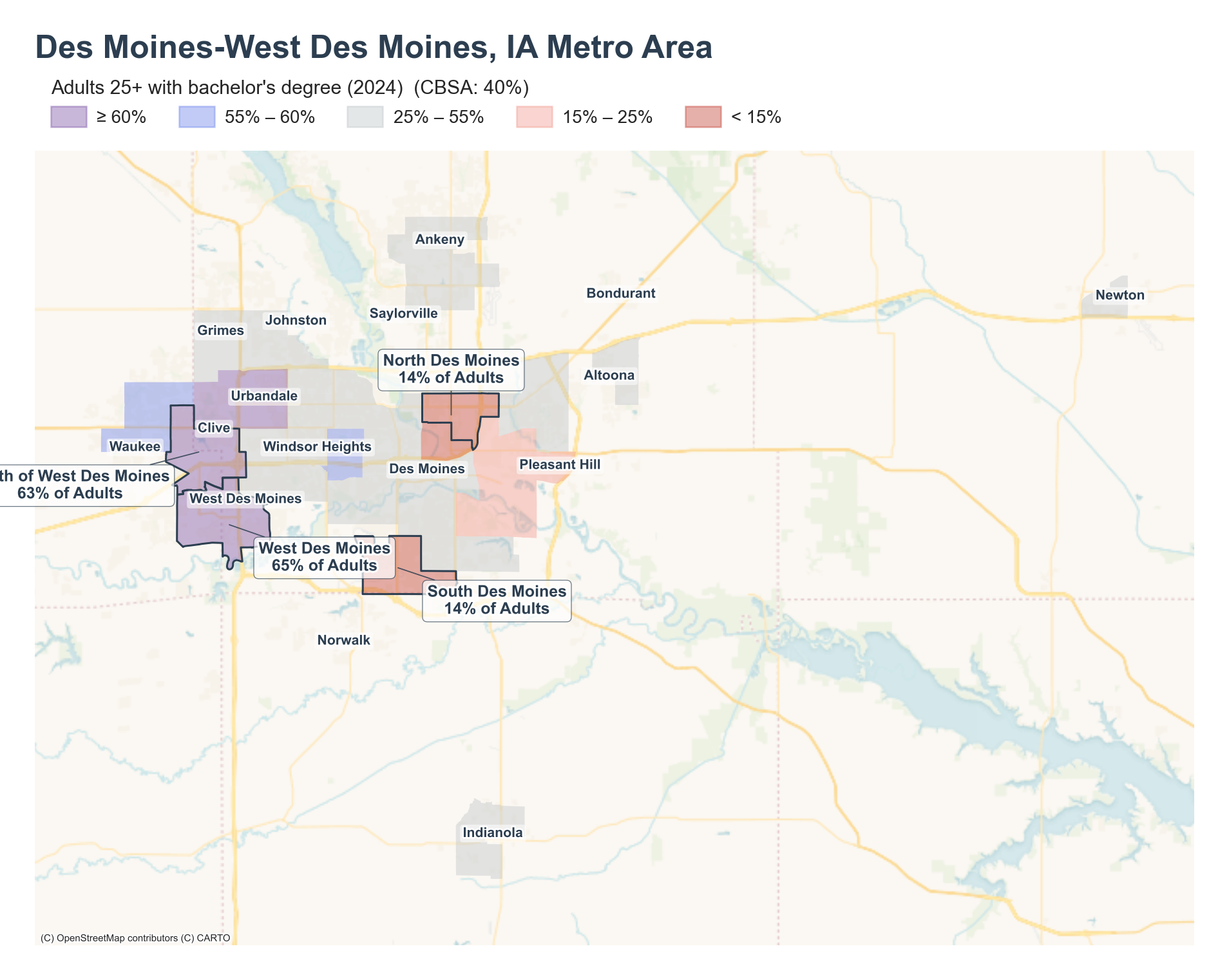Adults 25+ with a bachelor's degree (2024) by neighborhood across the Des Moines–West Des Moines metro