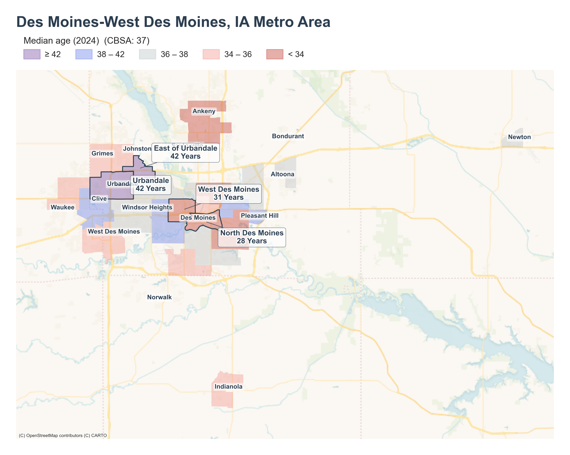 Median age (2024) by neighborhood across the Des Moines–West Des Moines metro