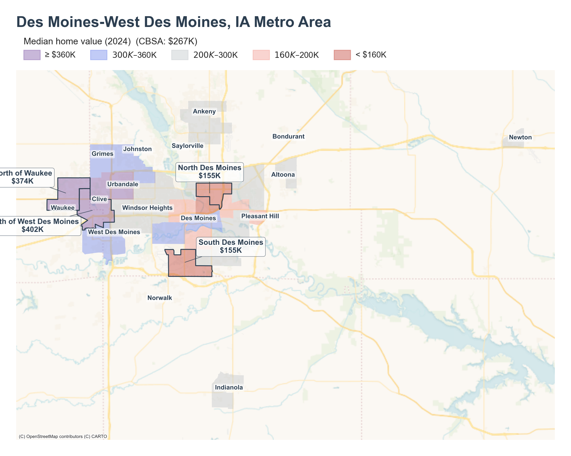 Median home value (2024) by neighborhood across the Des Moines–West Des Moines metro