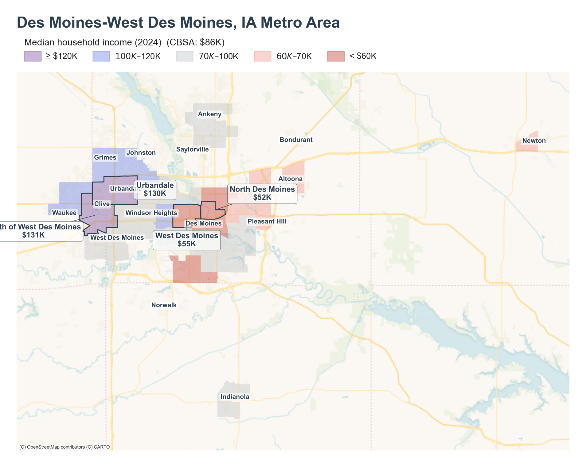 Median household income (2024) by neighborhood across the Des Moines–West Des Moines metro