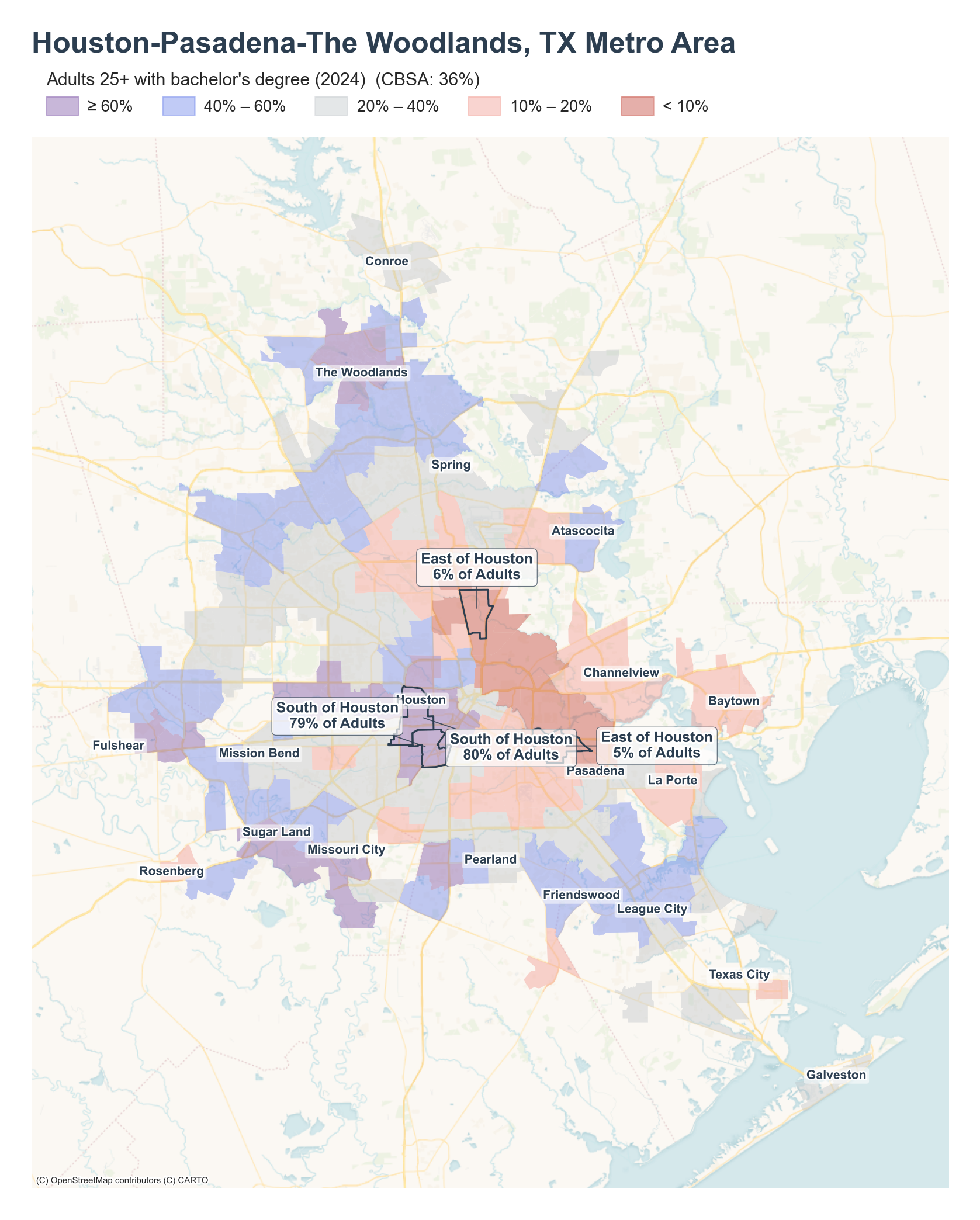 Adults 25+ with bachelor's degree (2024) by neighborhood across the Houston metro