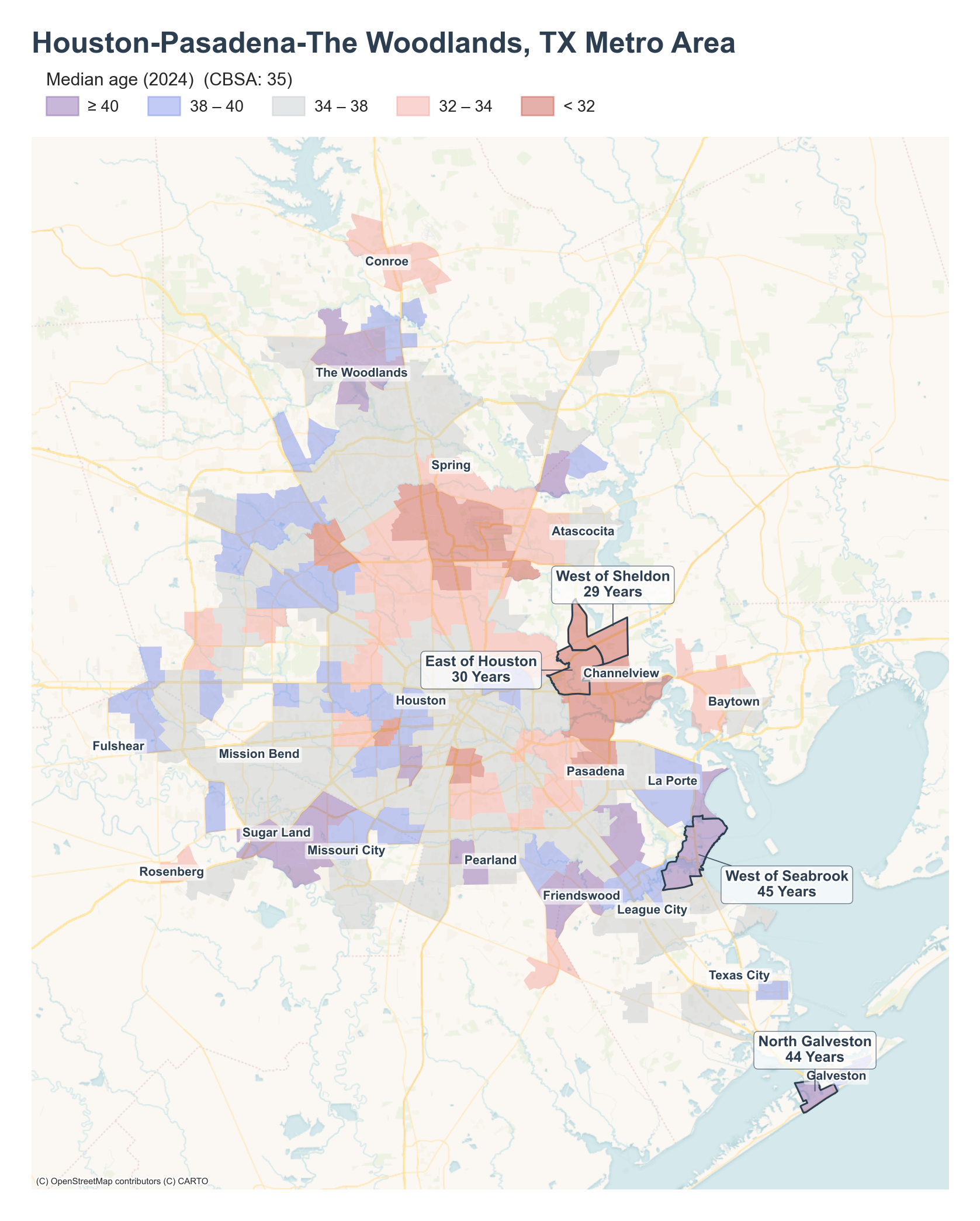 Median age (2024) by neighborhood across the Houston metro