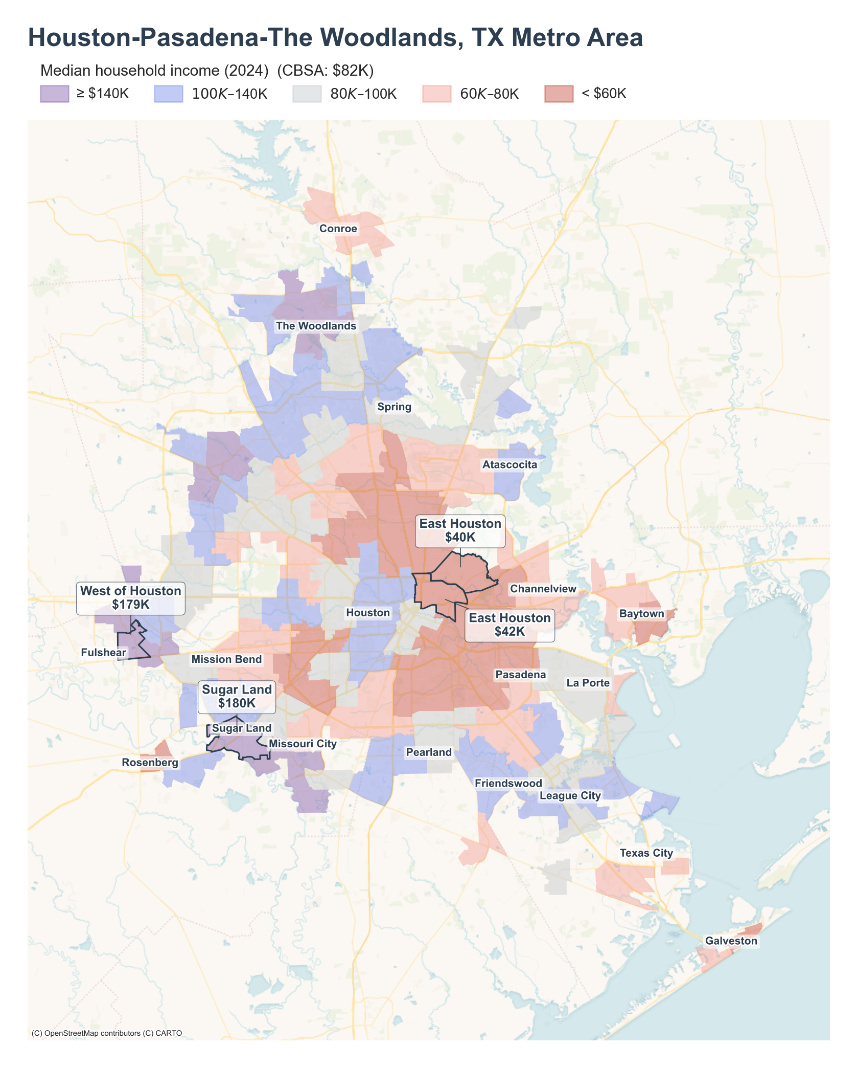 Median household income (2024) by neighborhood across the Houston metro