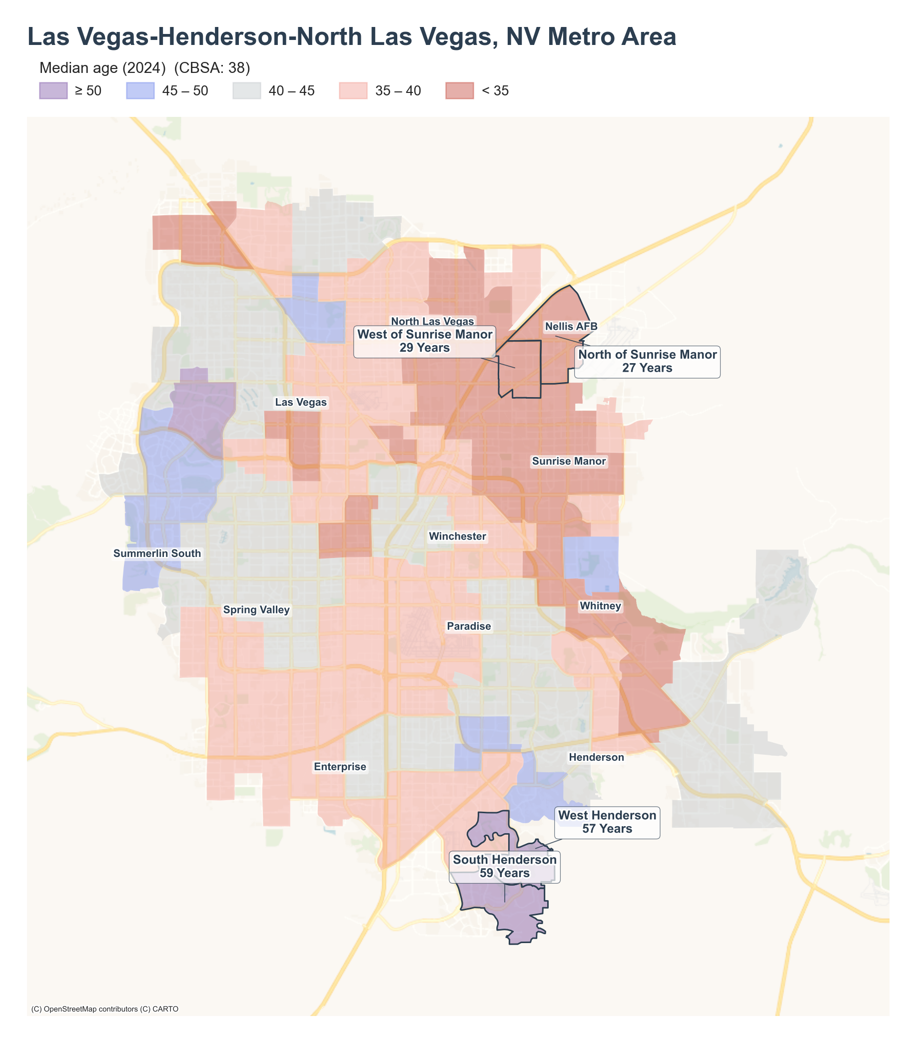 Median age (2024) by neighborhood across the Las Vegas–Henderson–Paradise metro