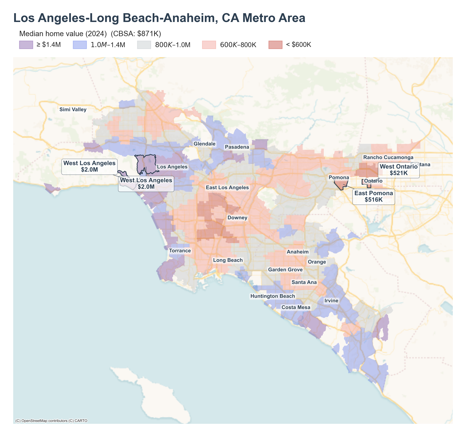 Median home value (2024) by neighborhood cluster across the Los Angeles metro