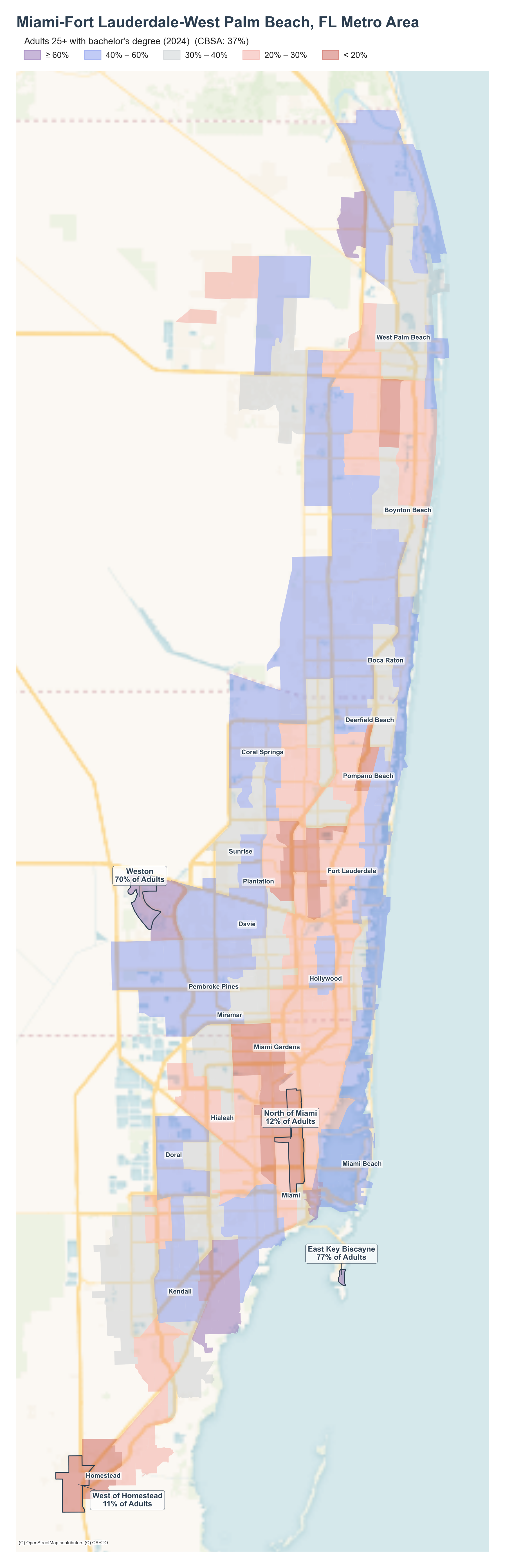 Adults 25+ with bachelor's degree (2024) by tract cluster