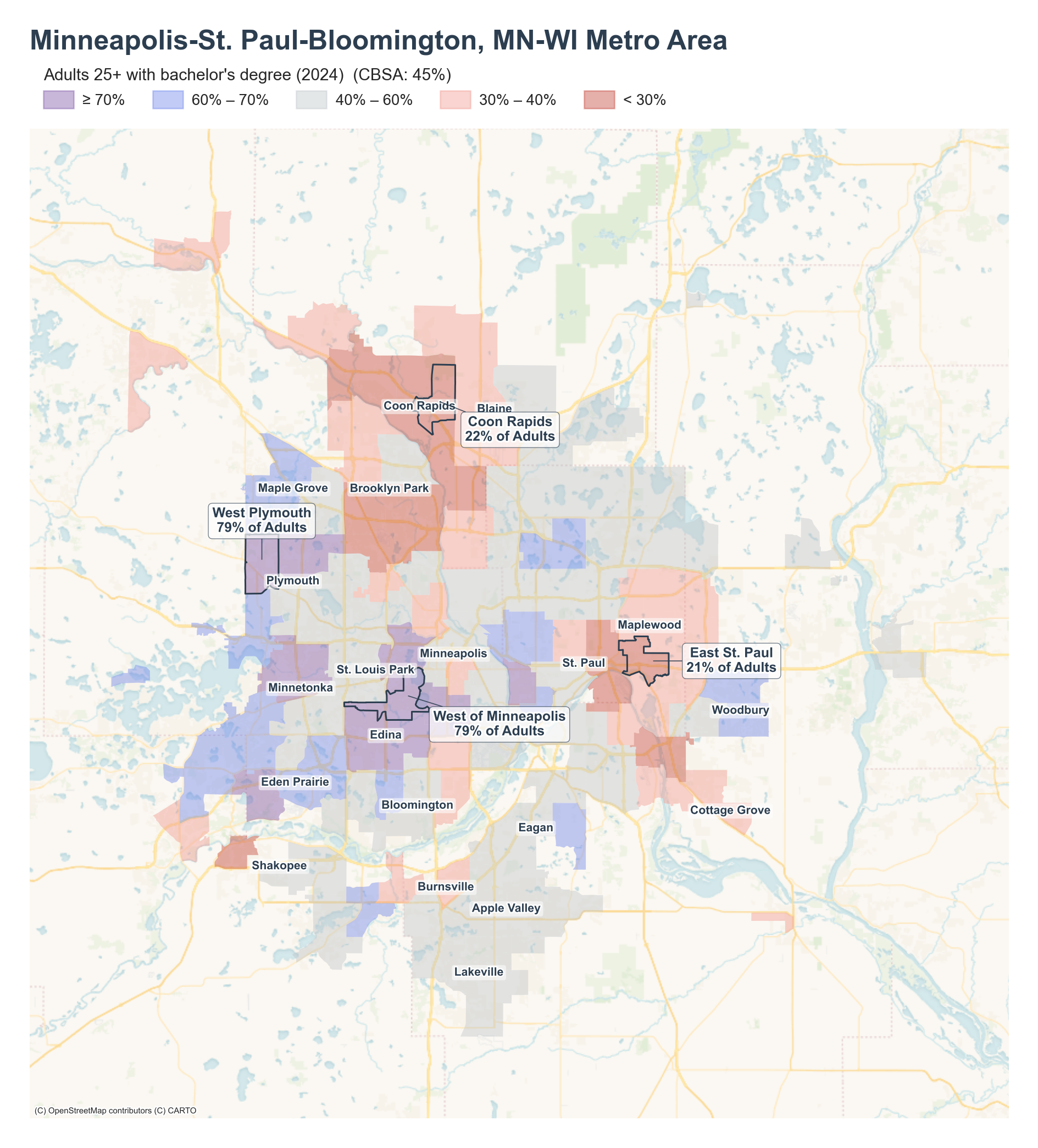 Adults 25+ with bachelor's degree (2024) by neighborhood across the Minneapolis–St. Paul metro