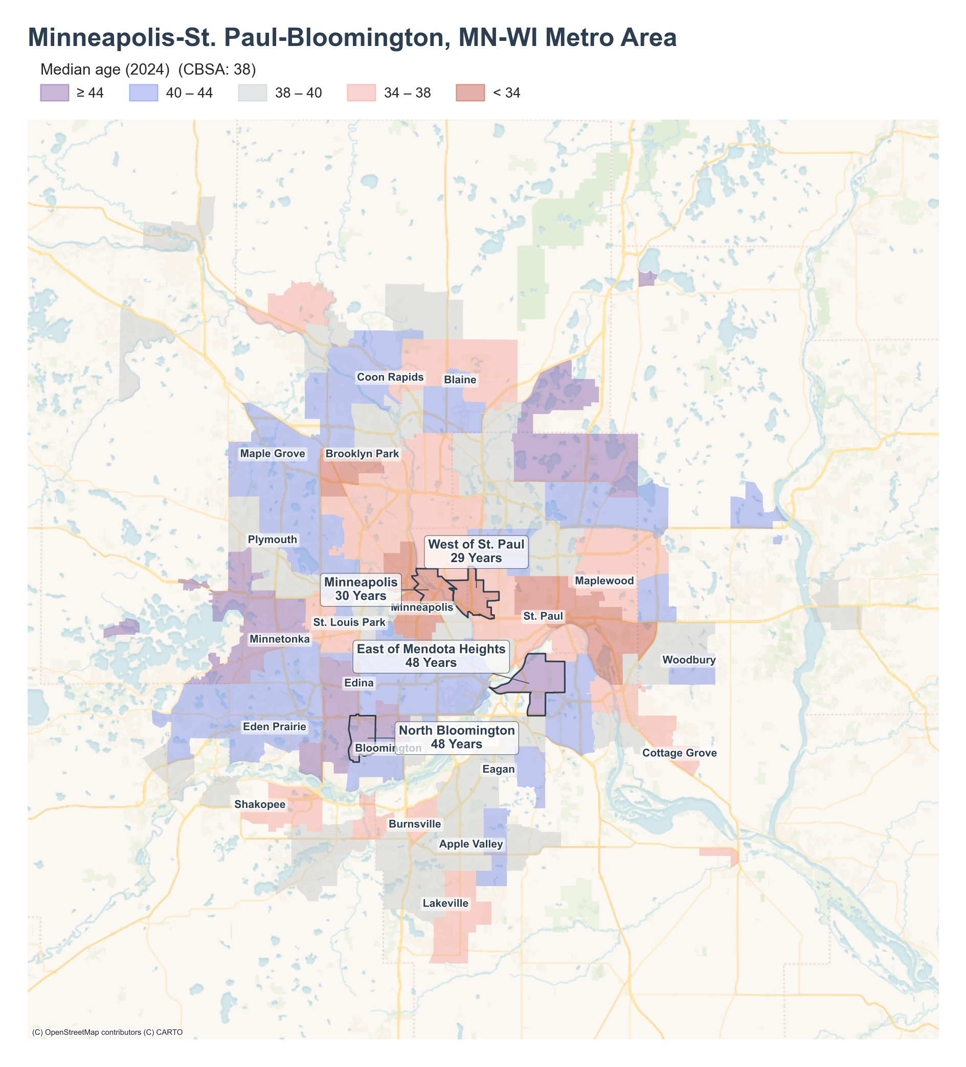 Median age (2024) by neighborhood across the Minneapolis–St. Paul metro