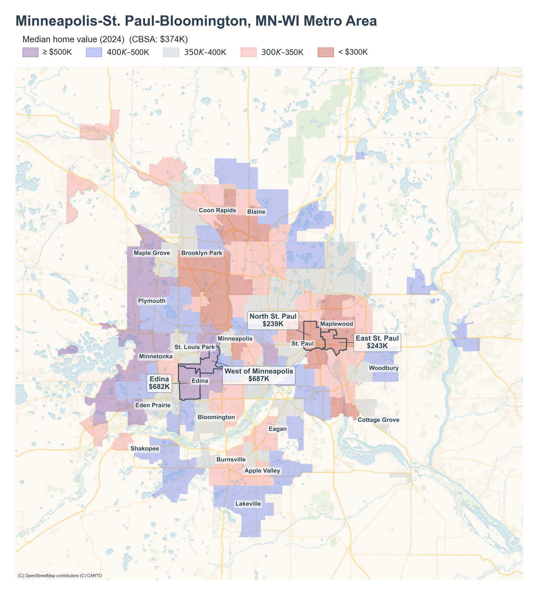 Median home value (2024) by neighborhood across the Minneapolis–St. Paul metro