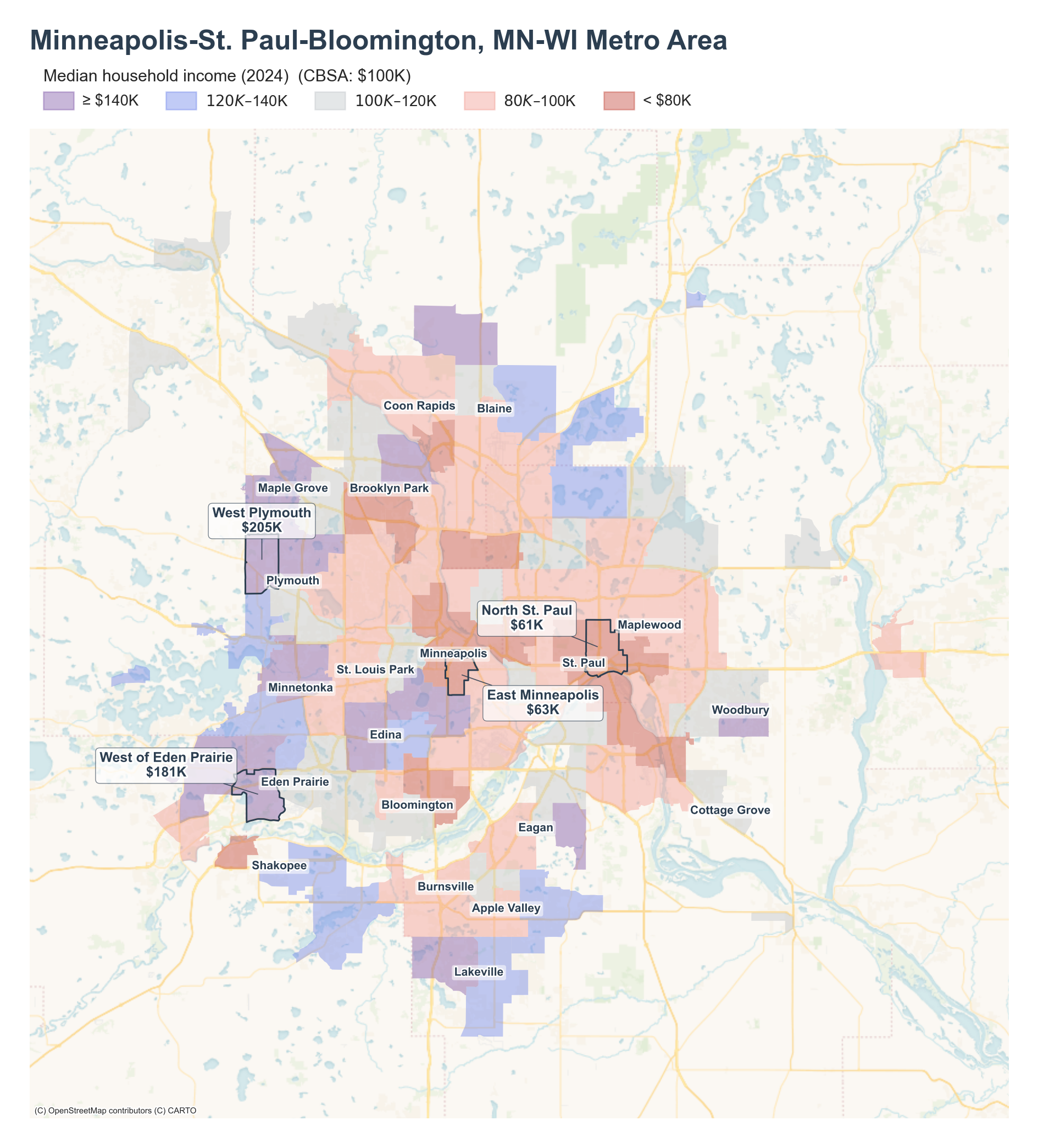Median household income (2024) by neighborhood across the Minneapolis–St. Paul metro