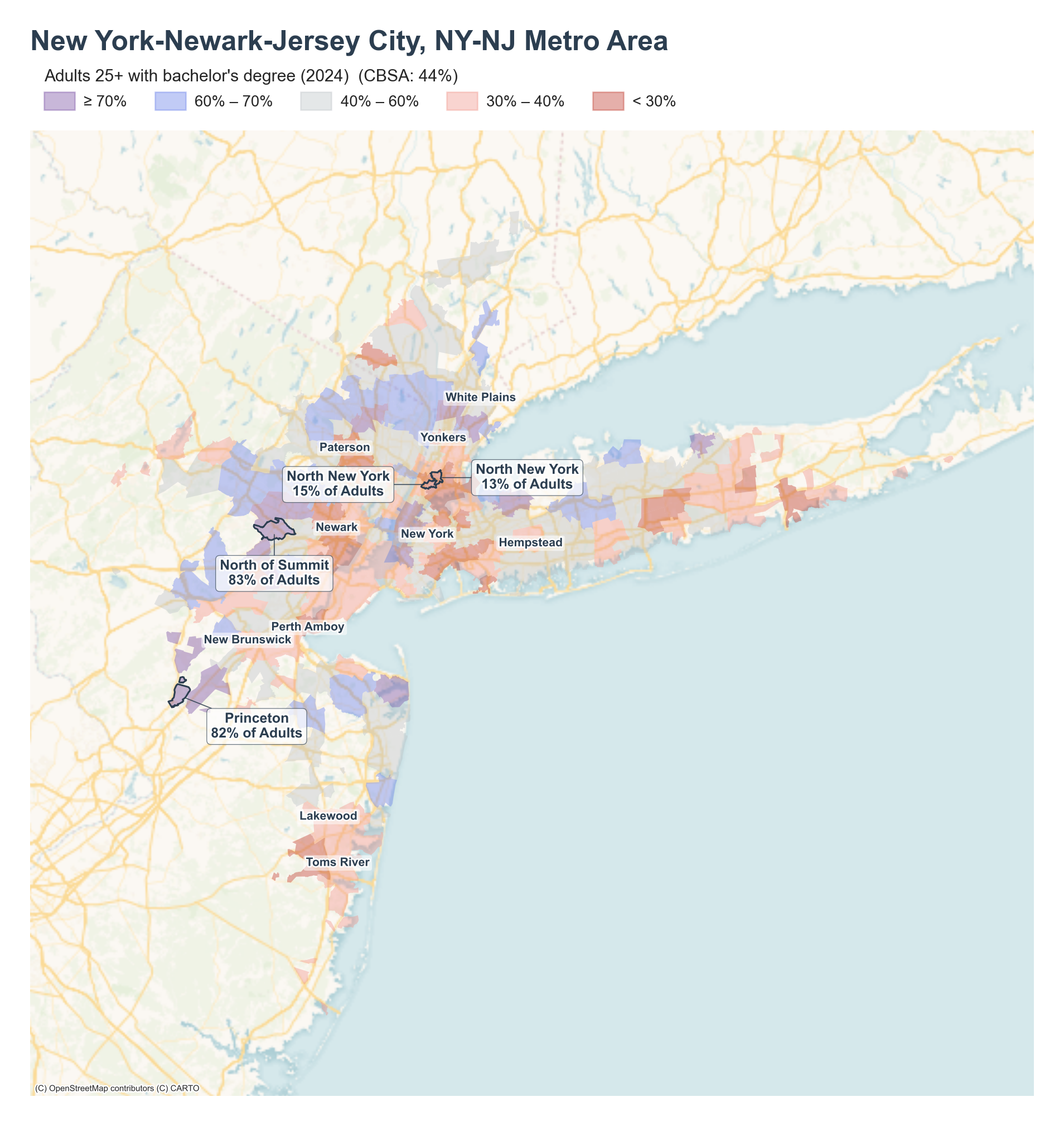 Adults 25+ with bachelor's degree (2024) by neighborhood across the New York metro