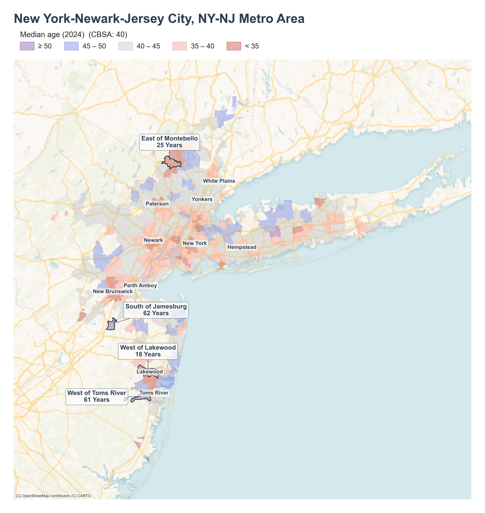 Median age (2024) by neighborhood across the New York metro