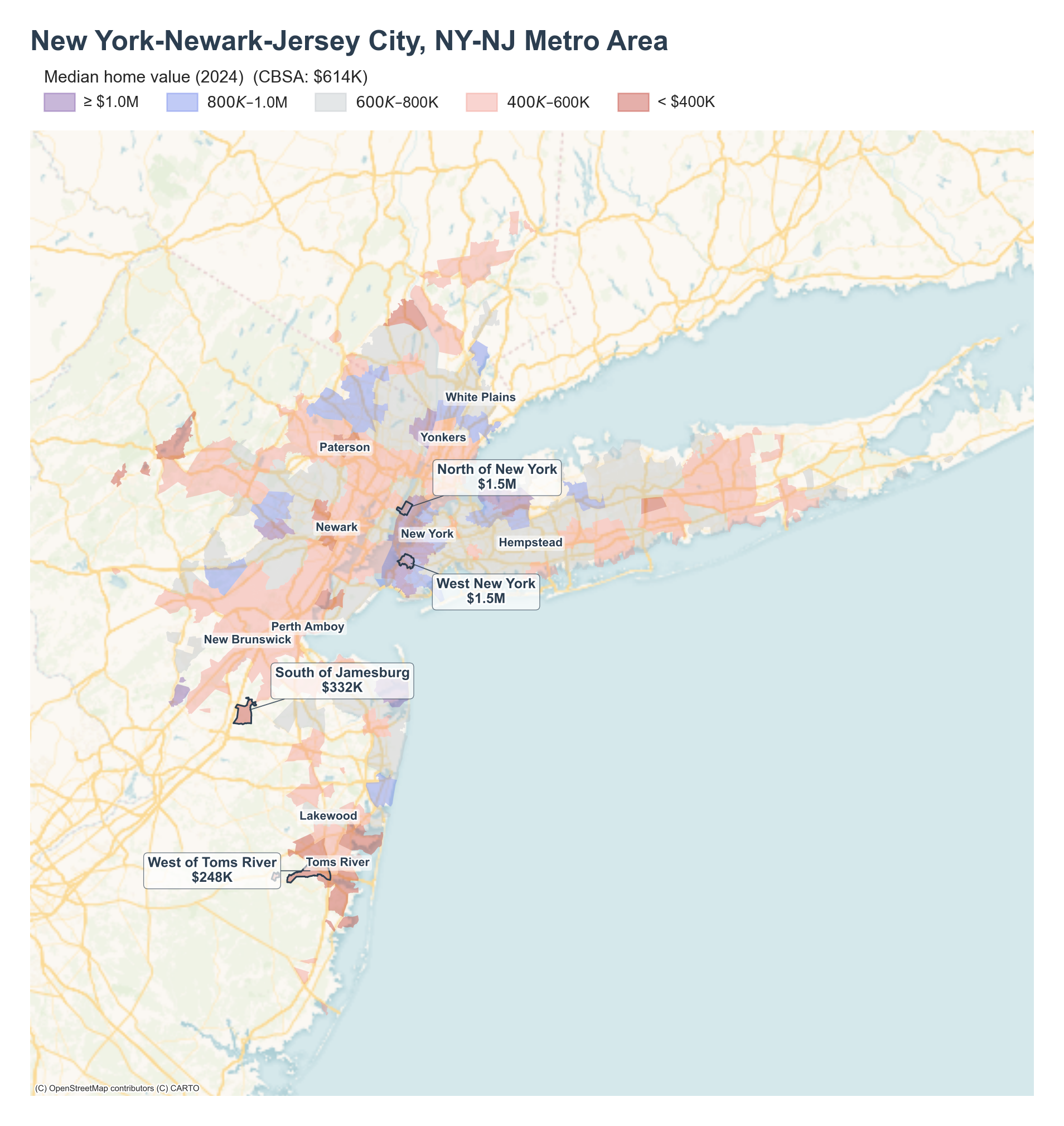 Median home value (2024) by neighborhood across the New York metro