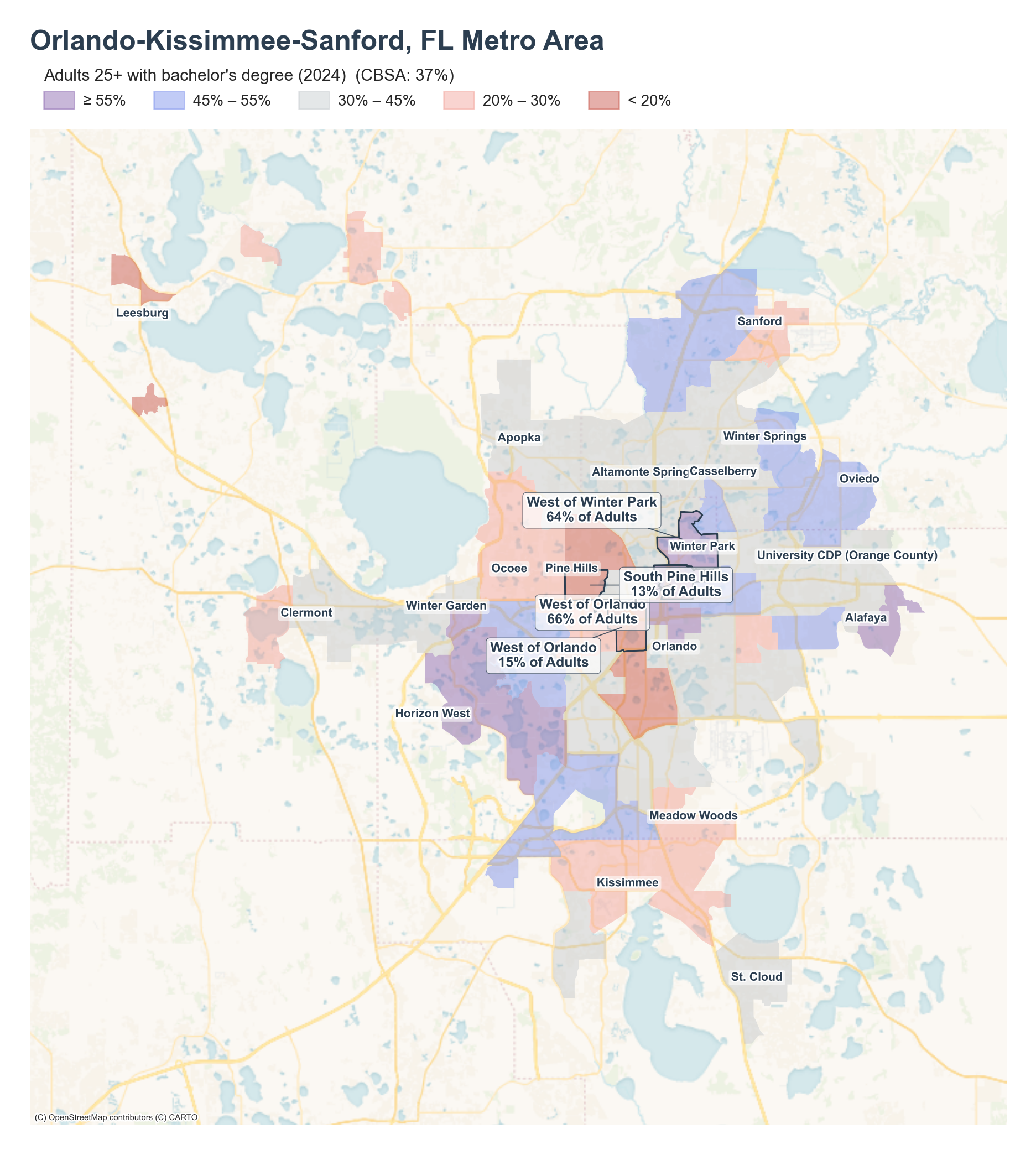 Adults 25+ with bachelor's degree (2024) by neighborhood across the Orlando metro