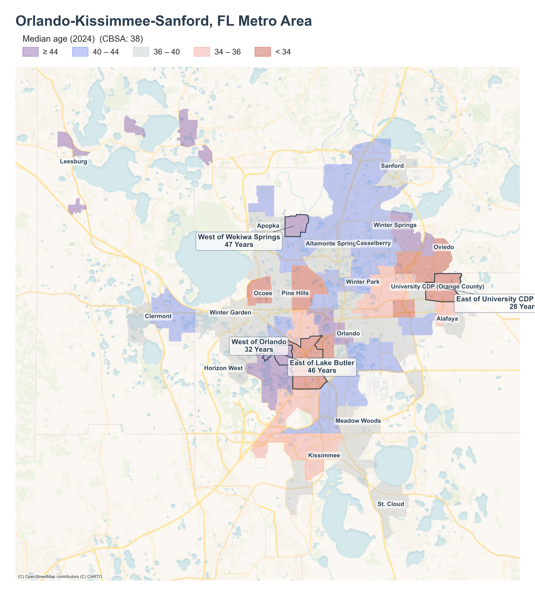 Median age (2024) by neighborhood across the Orlando metro