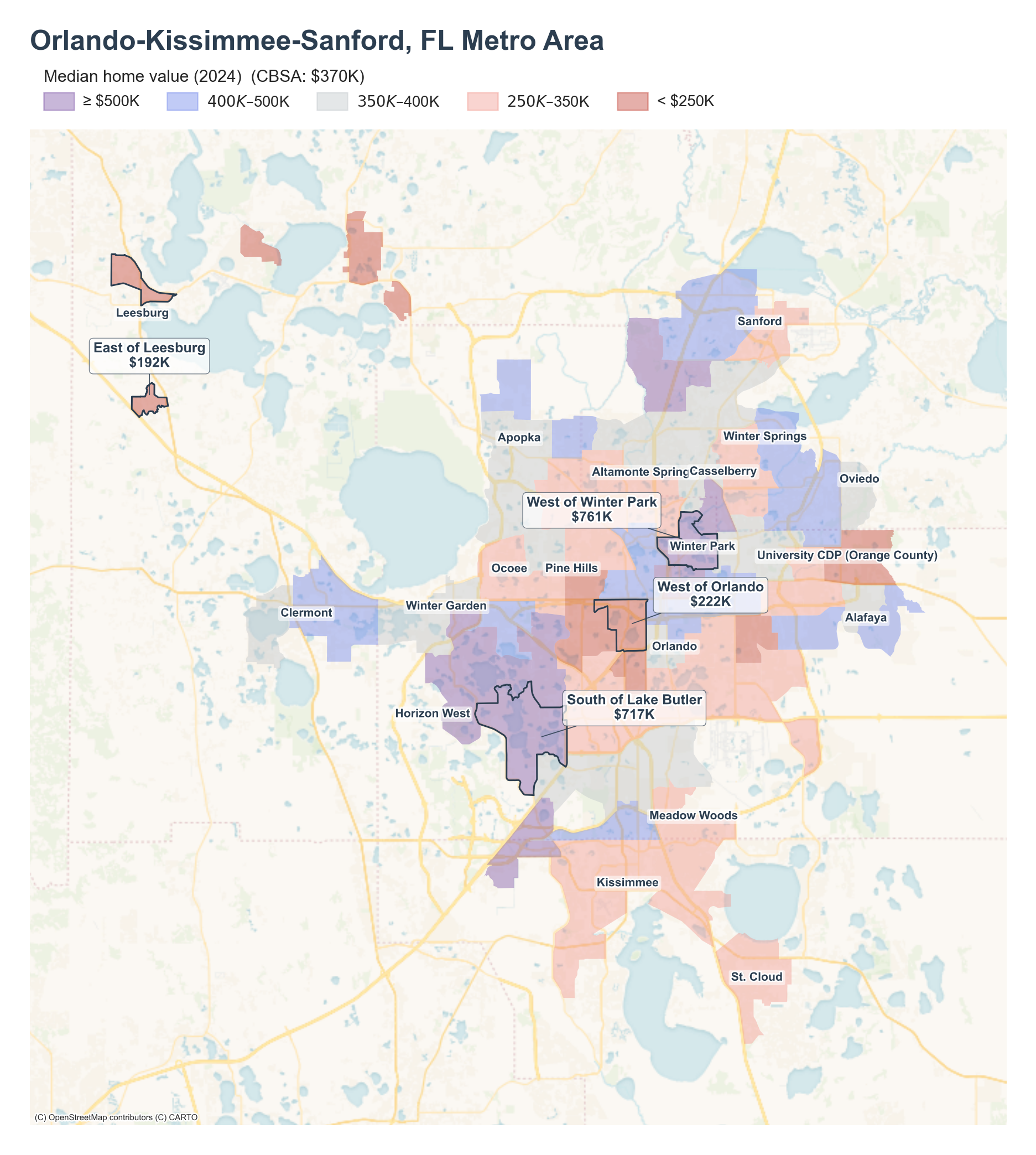 Median home value (2024) by neighborhood across the Orlando metro