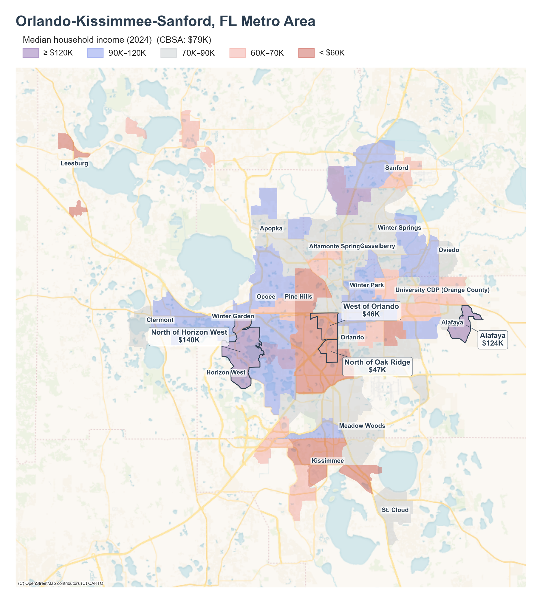 Median household income (2024) by neighborhood across the Orlando metro