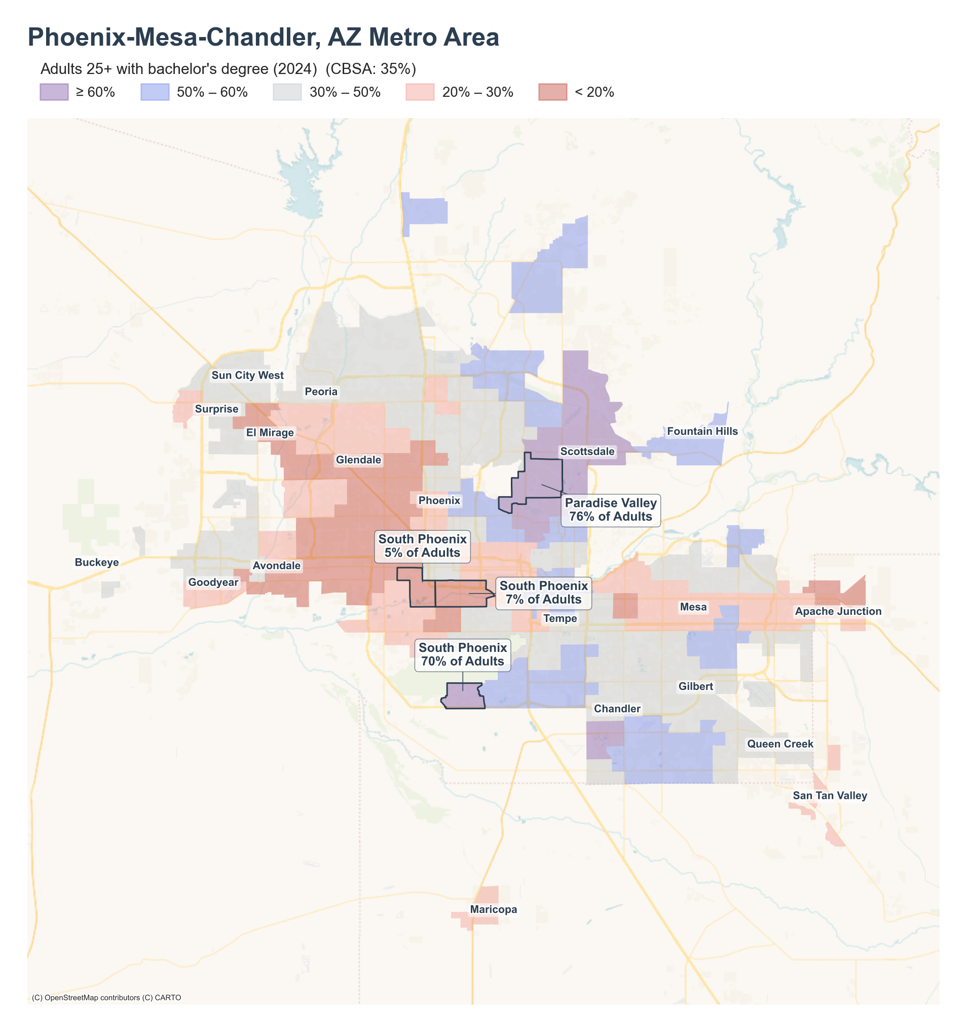 Adults 25+ with bachelor's degree (2024) by neighborhood across the Phoenix–Mesa–Chandler metro