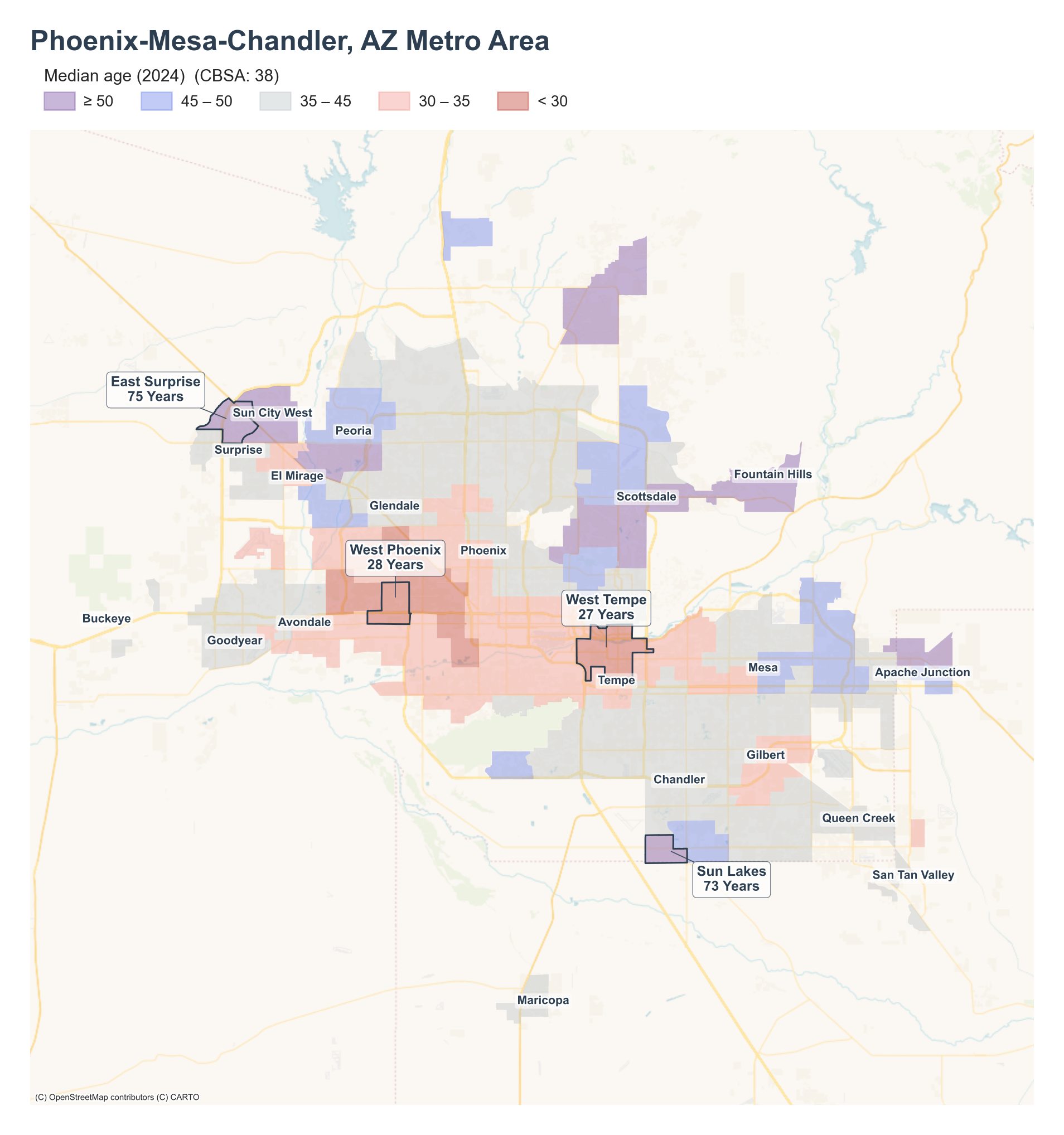 Median age (2024) by neighborhood across the Phoenix–Mesa–Chandler metro