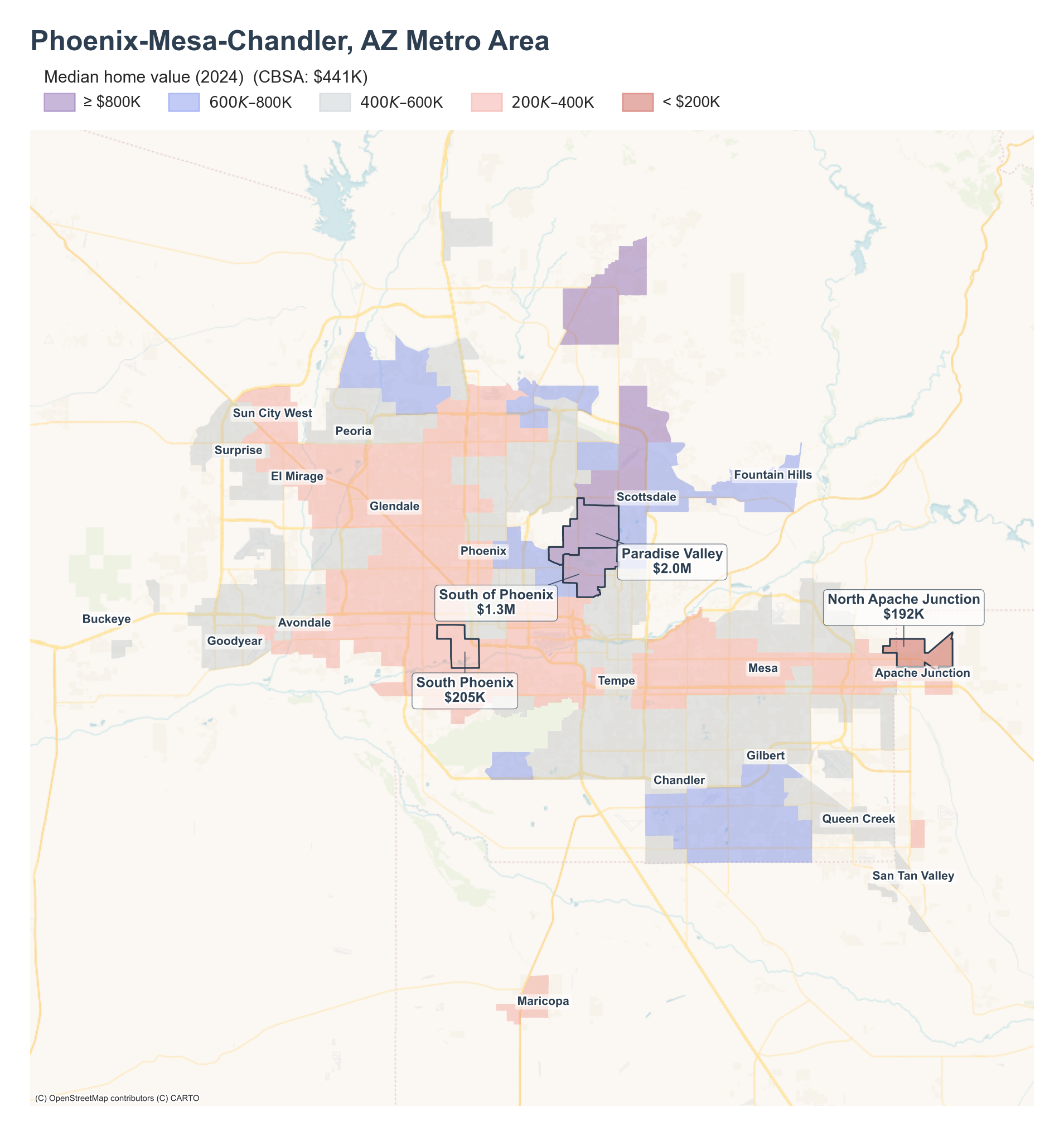 Median home value (2024) by neighborhood across the Phoenix–Mesa–Chandler metro