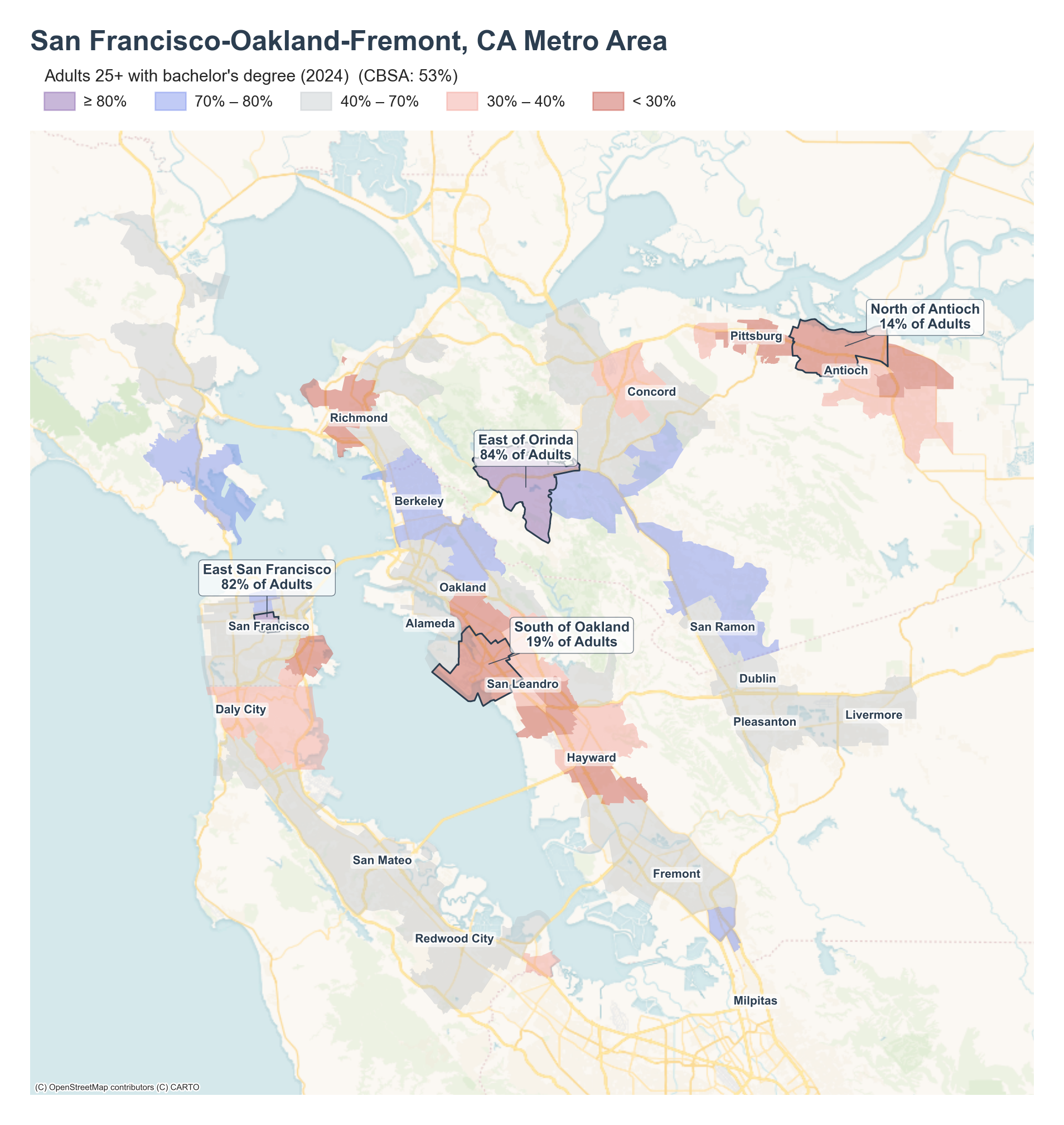 Adults 25+ with bachelor's degree (2024) by tract cluster
