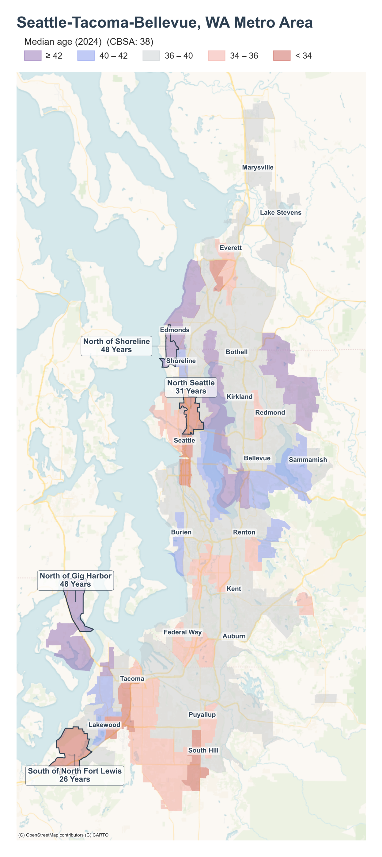 Median age (2024) by neighborhood across the Seattle-Tacoma-Bellevue metro