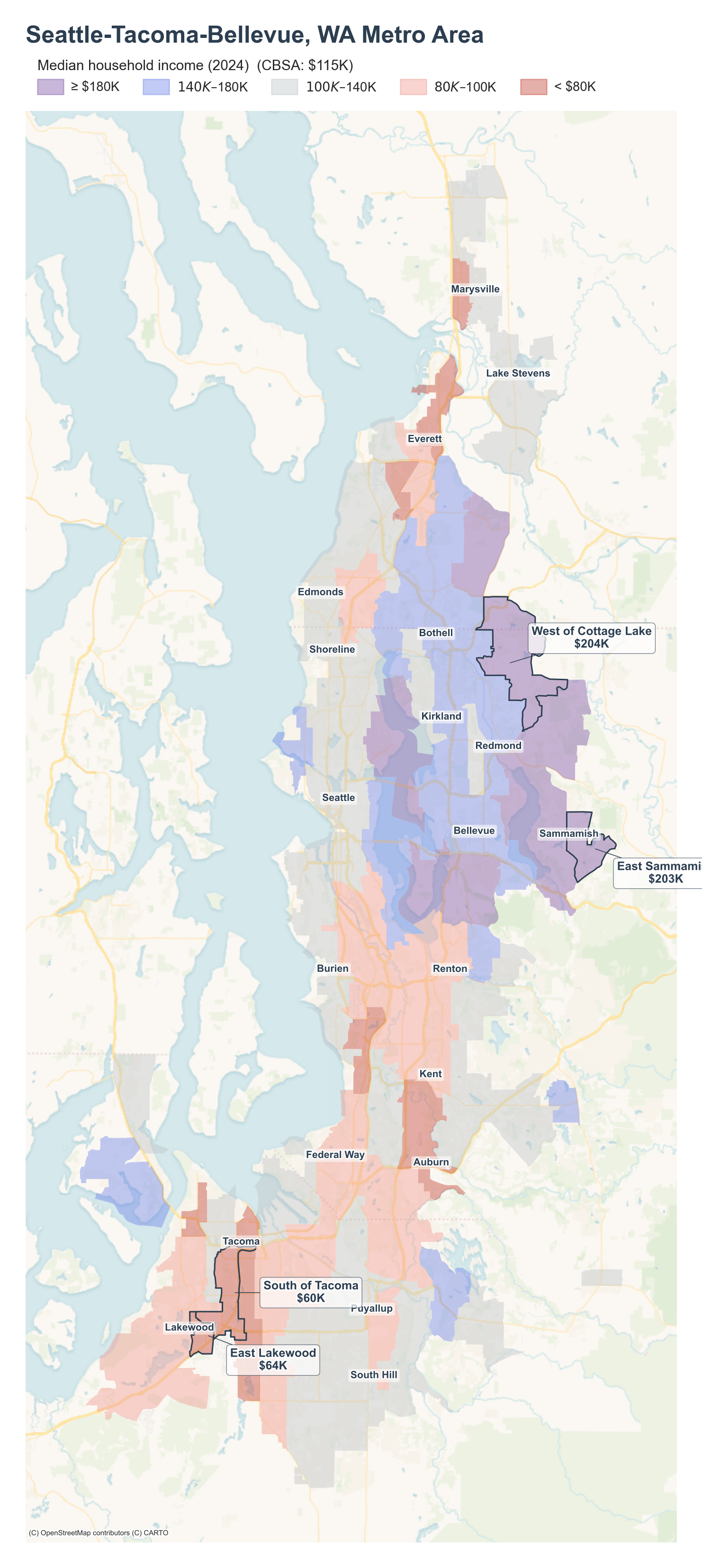 Median household income (2024) by neighborhood across the Seattle-Tacoma-Bellevue metro