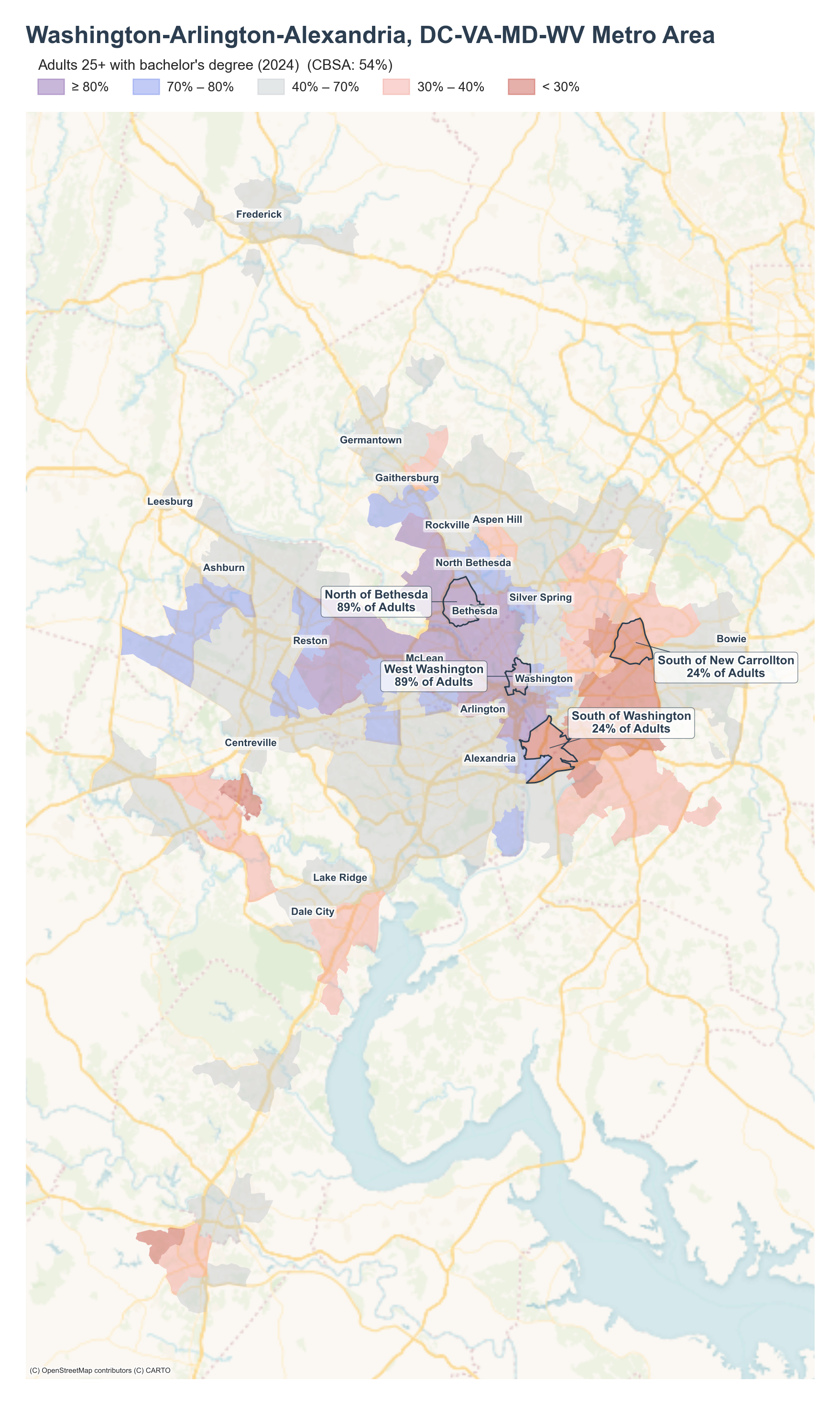Adults 25+ with bachelor's degree (2024) by neighborhood across the Washington, DC metro