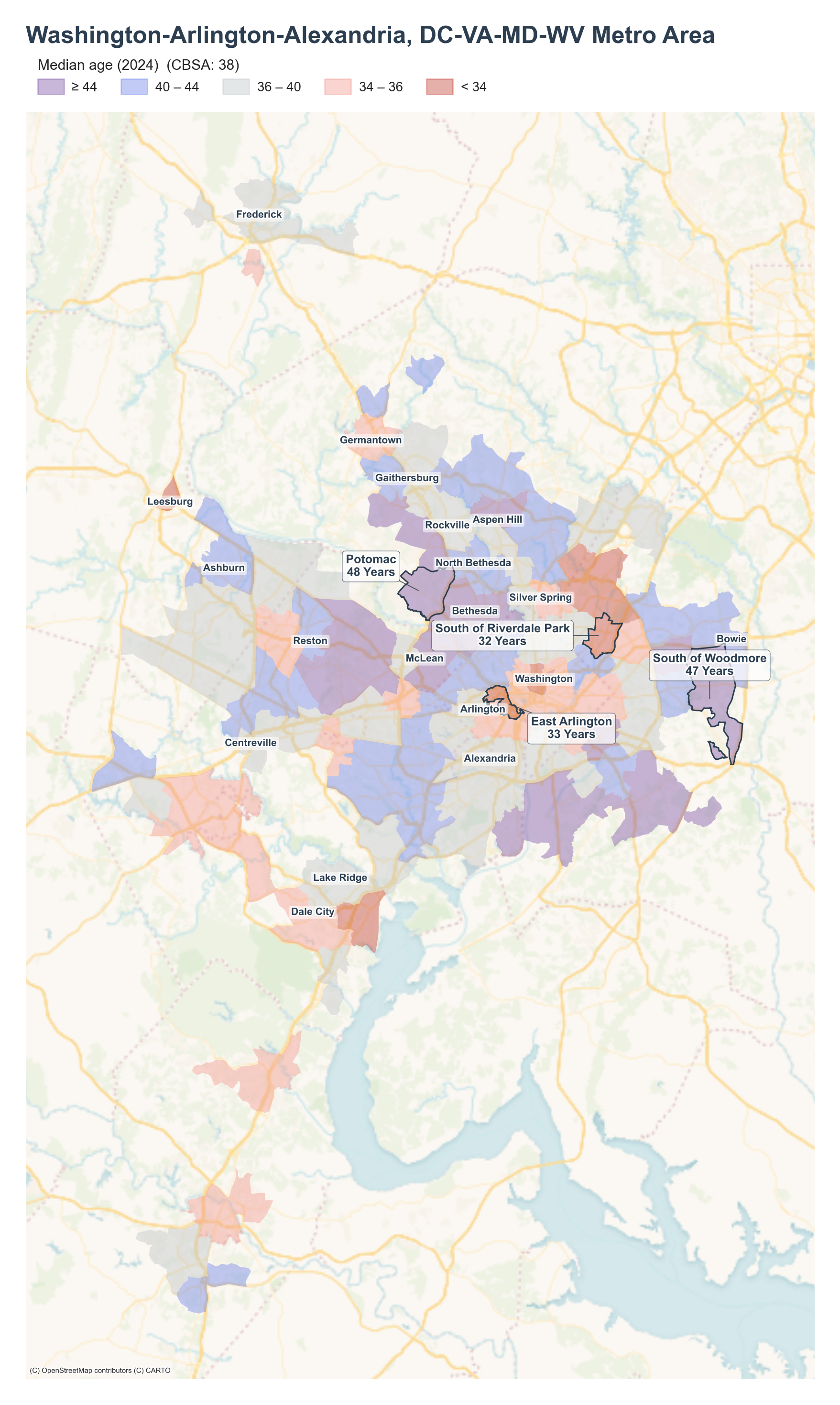 Median age (2024) by neighborhood across the Washington, DC metro